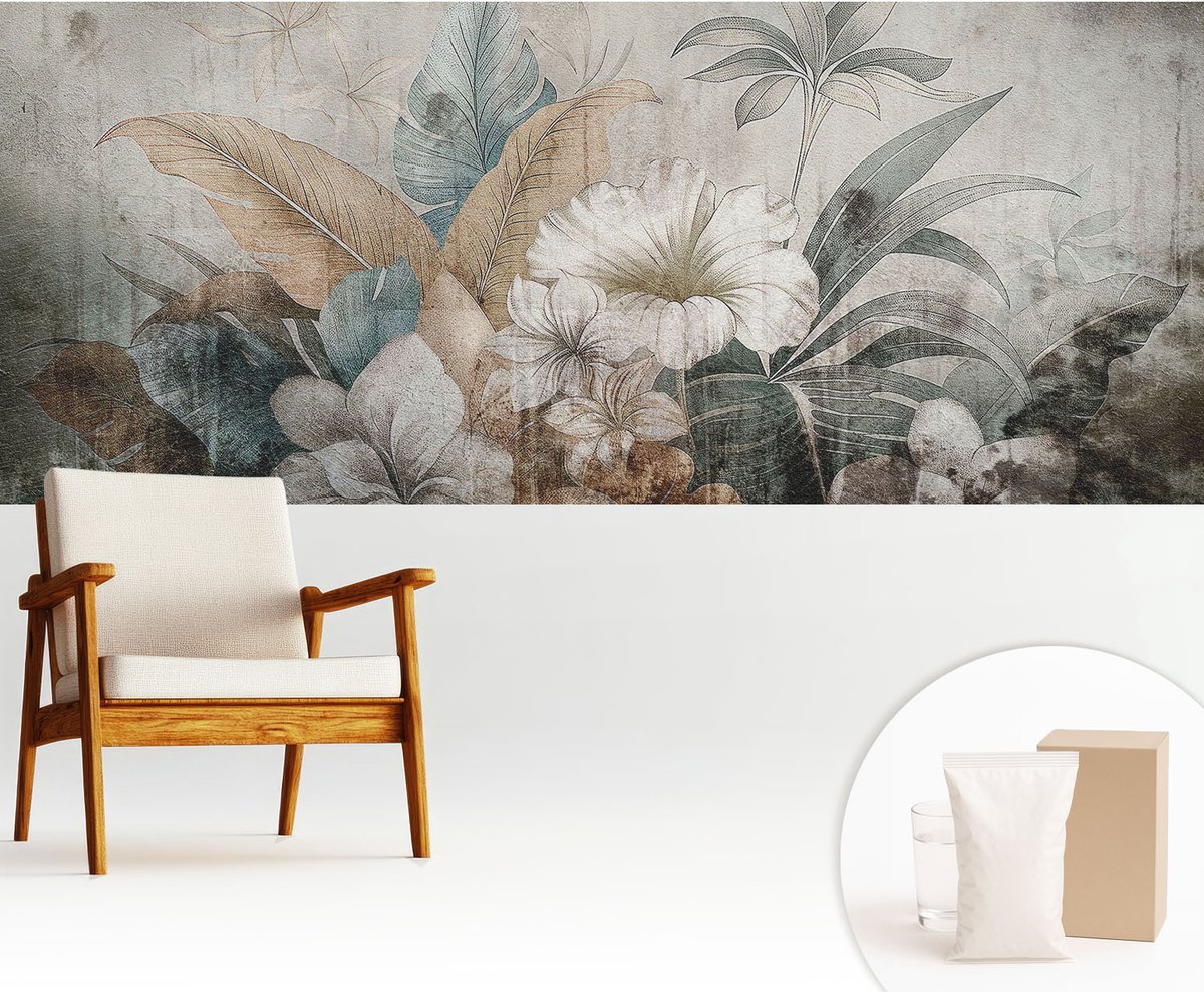 Wallfluent Fotobehang - Grijs Vliesbehang - 250x104 cm - Bloemendroom Muurschildering - Gang behang Bloemen En Planten - Fotobehang Vlies - Slaapkamer behang
