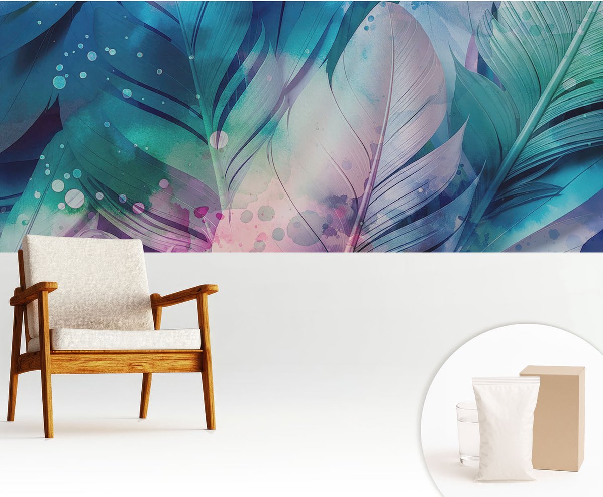 Wallfluent Fotobehang - Blauw Vliesbehang - 250x104 cm - Kleurrijke Veren Fotobehang Vlies - Woonkamer behang Deel - Muurschildering - Woonkamer behang