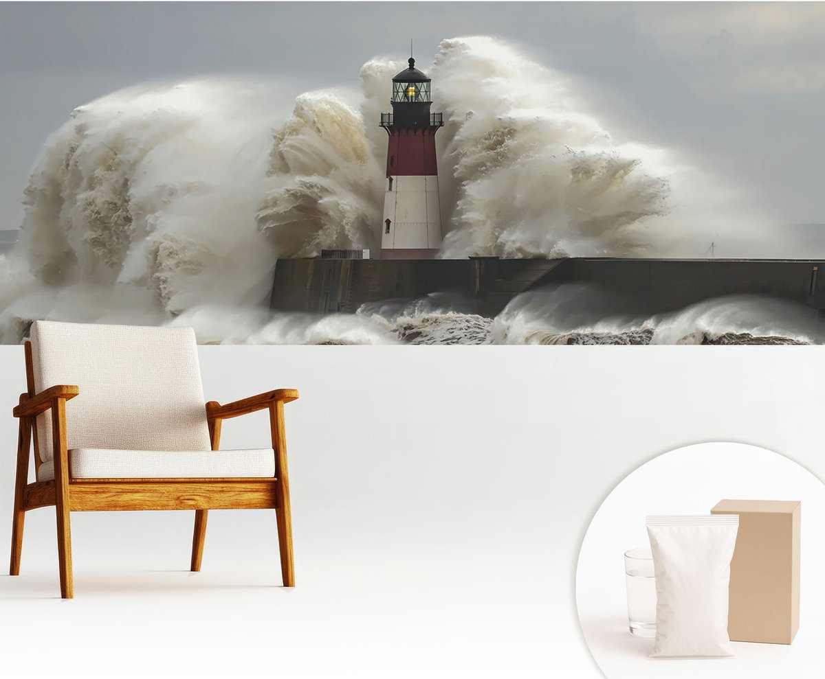 Wallfluent Fotobehang - Grijs Vliesbehang - 250x104 cm - Zeegolven Fotobehang Vlies - Hal behang Landschappen - Muurschildering - Woonkamer behang