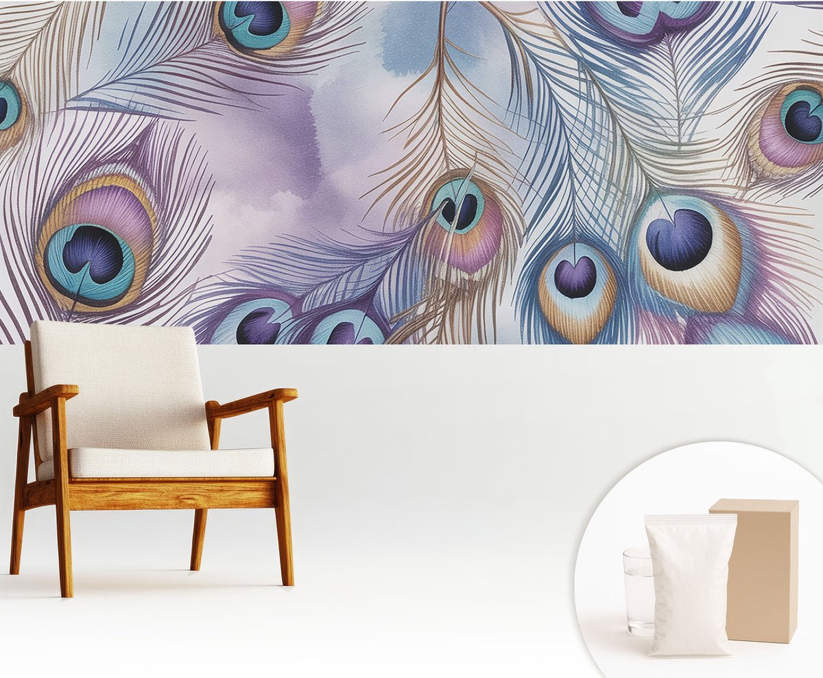 Wallfluent Fotobehang - Paars Vliesbehang - 250x104 cm - Pauwenveren Fotobehang Vlies - Woonkamer behang Abstractie - Muurschildering - Woonkamer behang