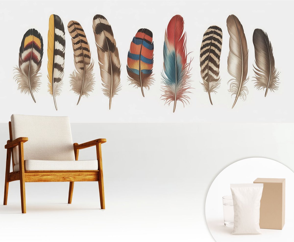 Wallfluent Fotobehang - Bruin Vliesbehang - 250x104 cm - Kleurrijke Veren Fotobehang Vlies - Woonkamer behang Abstractie - Muurschildering - Woonkamer behang