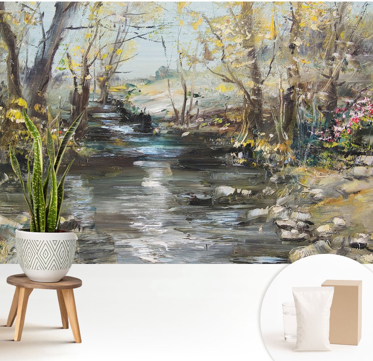 Wallfluent Fotobehang - Groente Vliesbehang - 208x146 cm - Bosbeek Muurschildering - Slaapkamer behang Landschappen - Fotobehang Vlies - Slaapkamer behang
