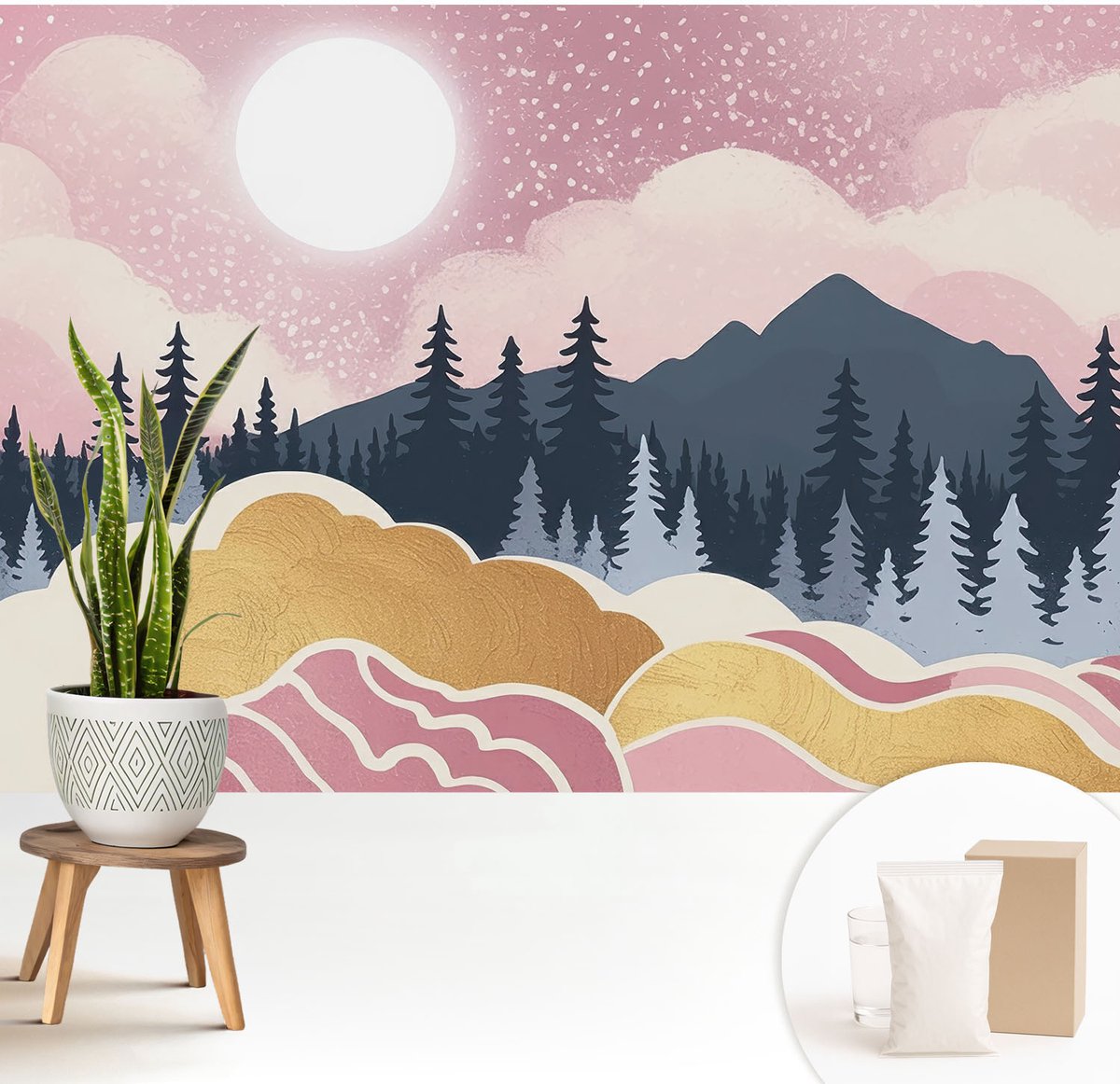Wallfluent Fotobehang - Roze Vliesbehang - 208x146 cm - Roze Zonsondergang Muurschildering - Slaapkamer behang Landschappen - Fotobehang Vlies - Slaapkamer behang