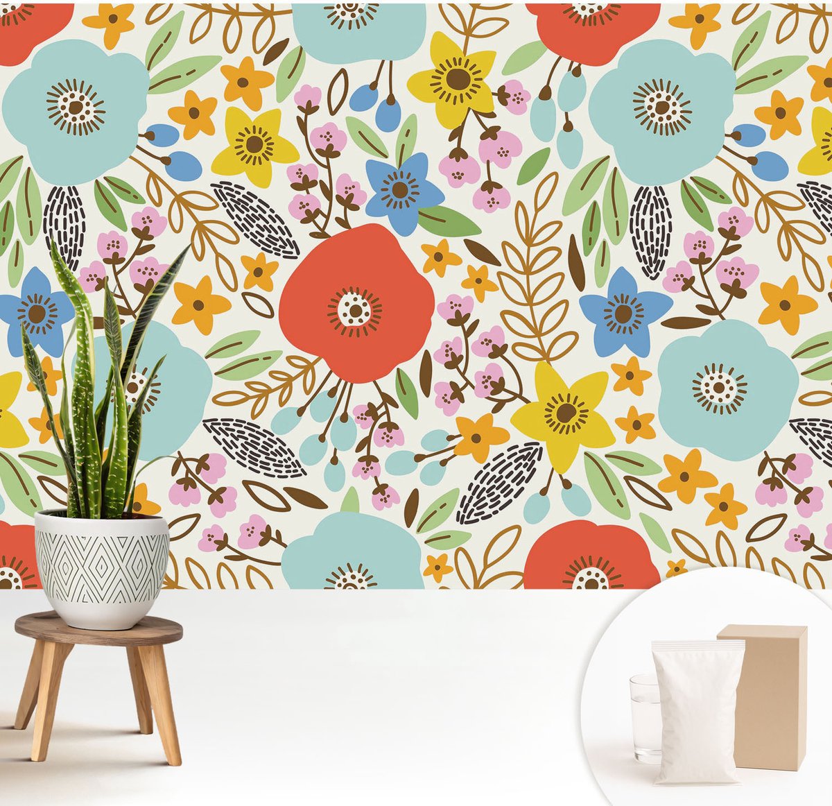 Wallfluent Fotobehang - Blauw Vliesbehang - 208x146 cm - Bloemenpatroon Muurschildering - Gang behang Bloemen En Planten - Fotobehang Vlies - Gang behang