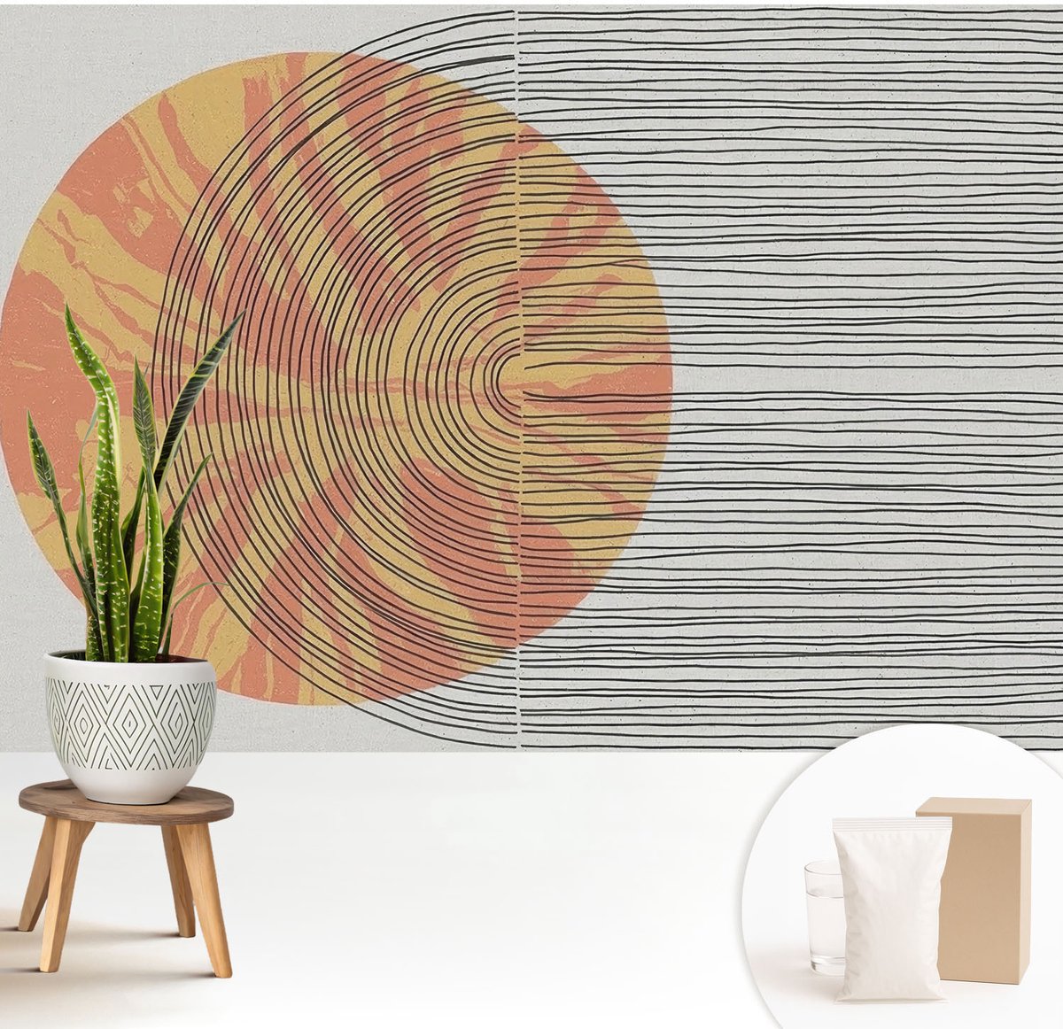 Wallfluent Fotobehang - Grijs Vliesbehang - 208x146 cm - Cirkel Met Lijnen Muurschildering - Gang behang Abstractie - Fotobehang Vlies - Slaapkamer behang