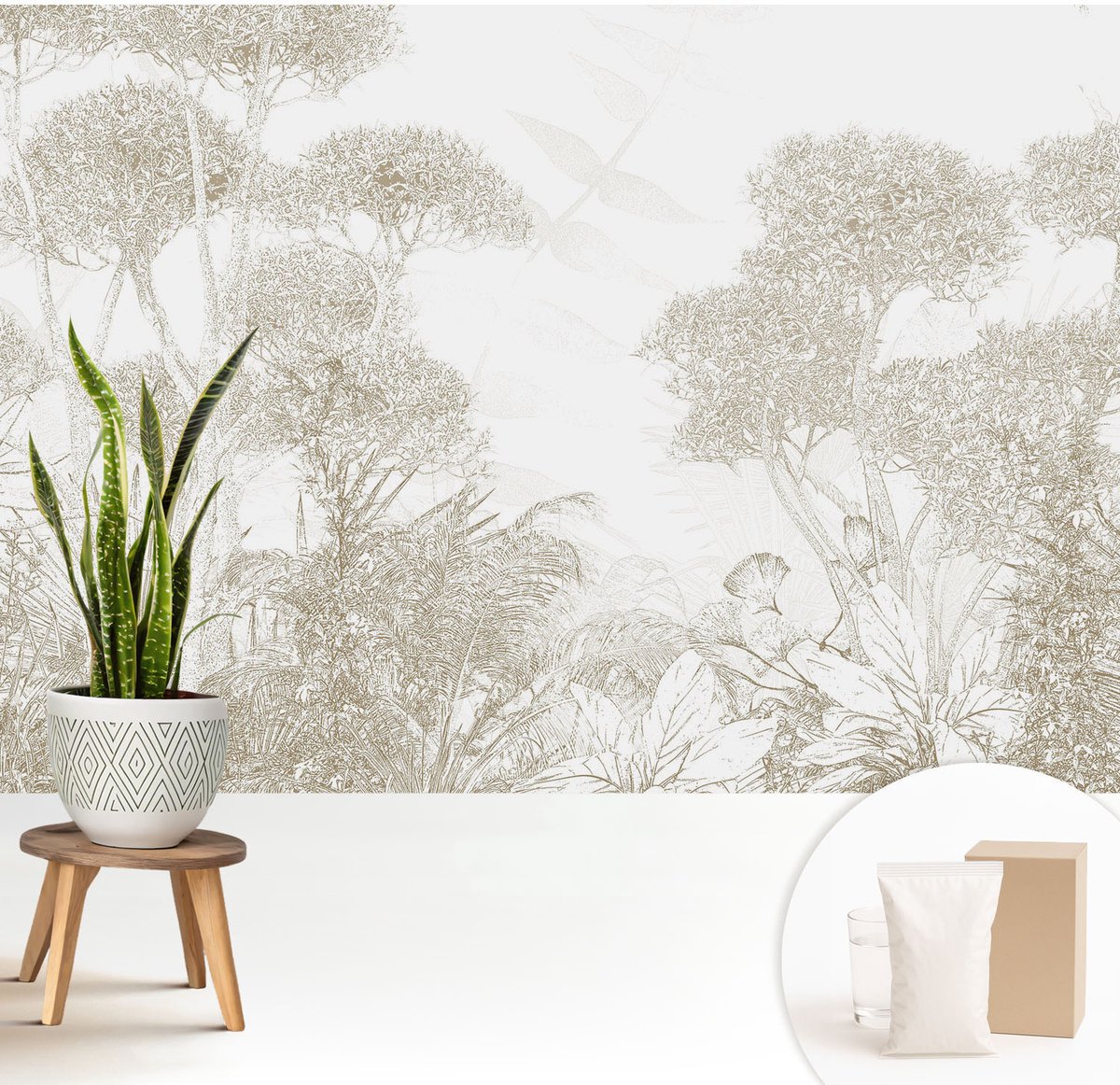 Wallfluent Fotobehang - Wit Vliesbehang - 208x146 cm - Tropische Vegetatie Fotobehang Vlies - Hal behang Bloemen En Planten - Muurschildering - Woonkamer behang