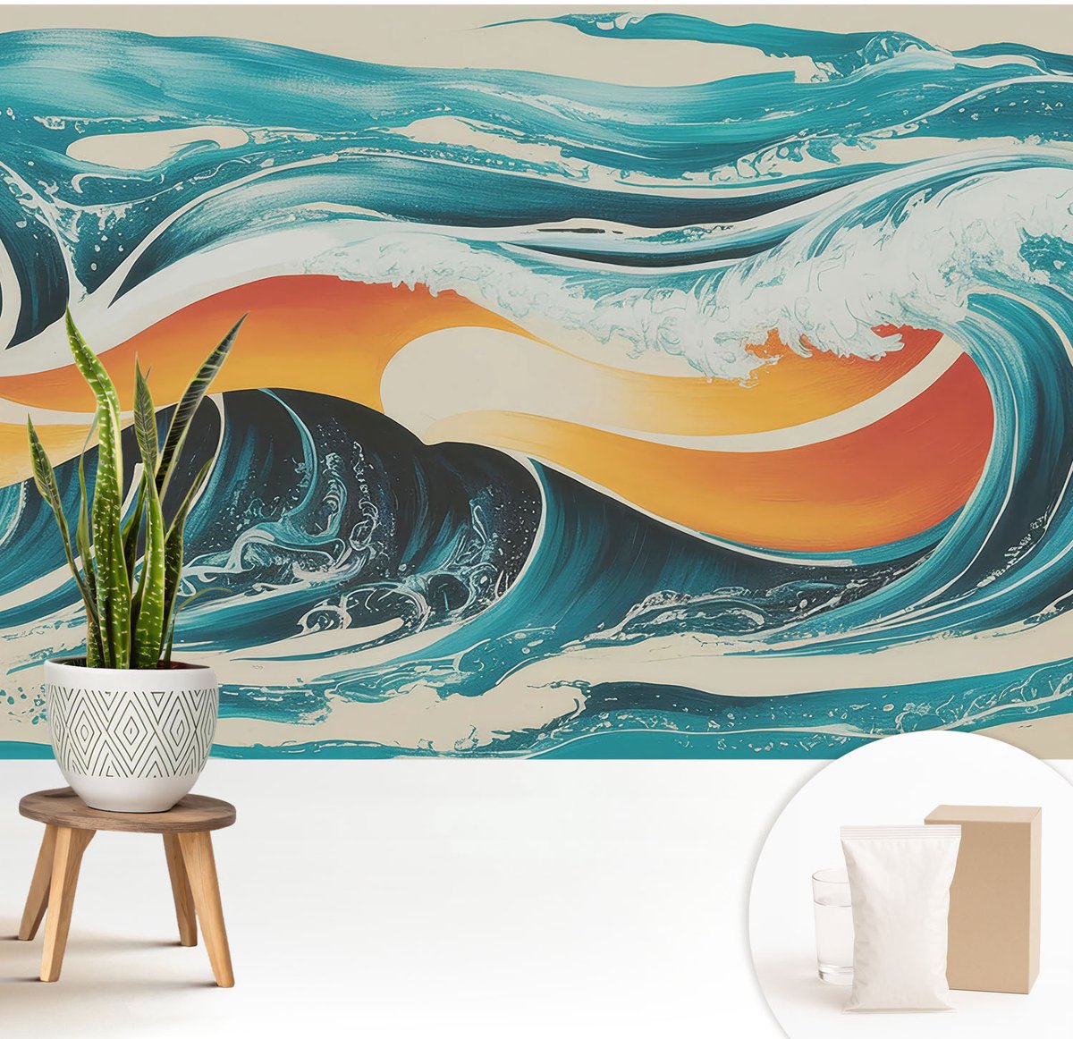 Wallfluent Fotobehang - Turkoois Vliesbehang - 208x146 cm - Abstracte Golven Muurschildering - Gang behang Deel - Fotobehang Vlies - Slaapkamer behang