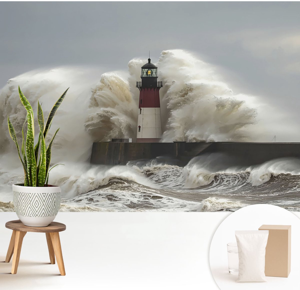 Wallfluent Fotobehang - Grijs Vliesbehang - 208x146 cm - Zeegolven Fotobehang Vlies - Woonkamer behang Landschappen - Muurschildering - Woonkamer behang