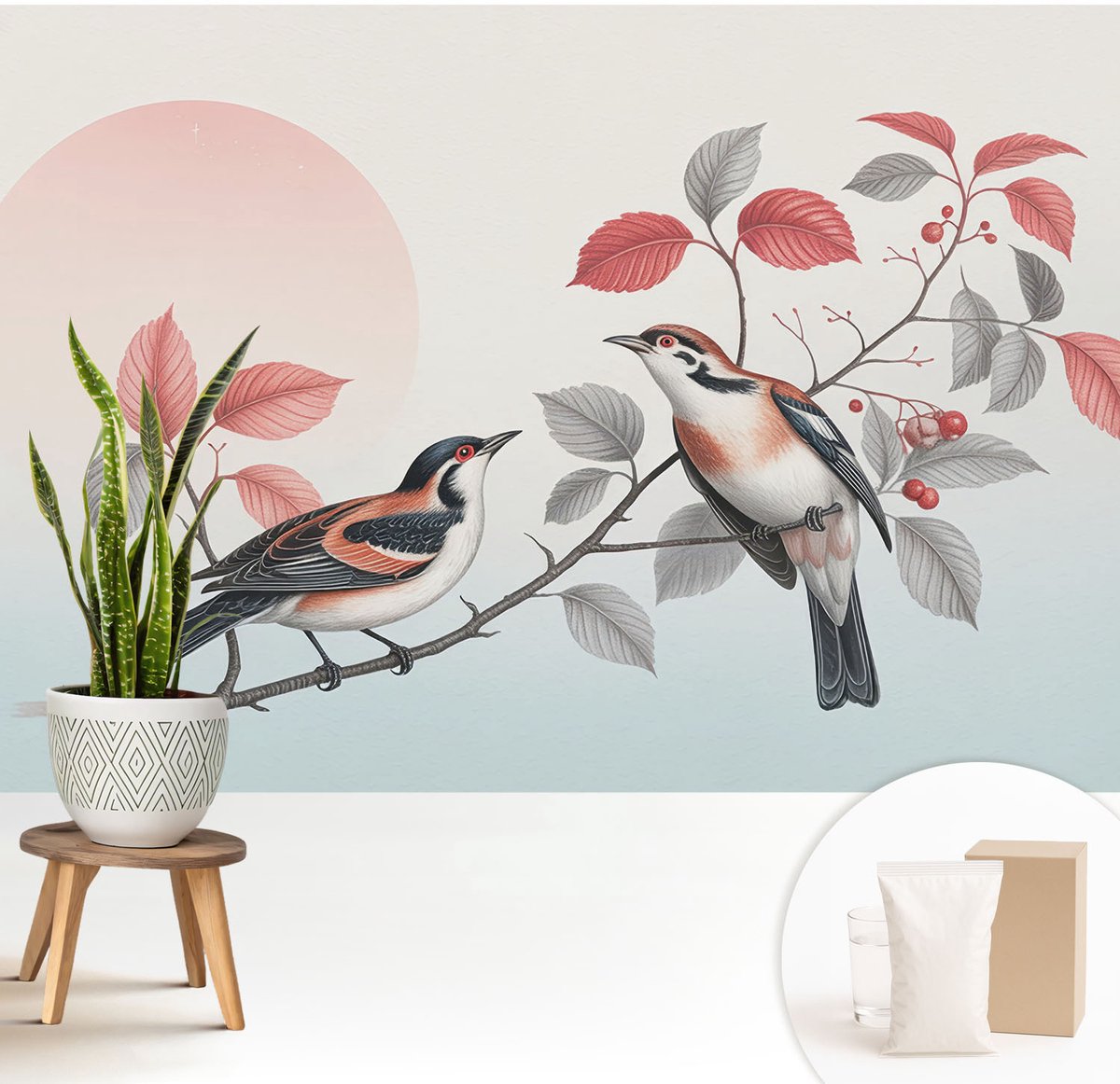 Wallfluent Fotobehang - Roze Vliesbehang - 208x146 cm - Zittende Vogels Muurschildering - Gang behang Dieren - Fotobehang Vlies - Slaapkamer behang