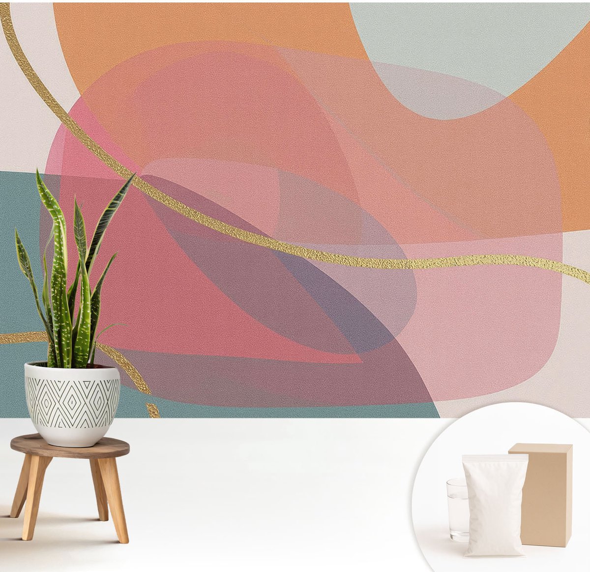 Wallfluent Fotobehang - Oranje Vliesbehang - 208x146 cm - Kleurrijke Vormen Muurschildering - Gang behang Abstractie - Fotobehang Vlies - Slaapkamer behang