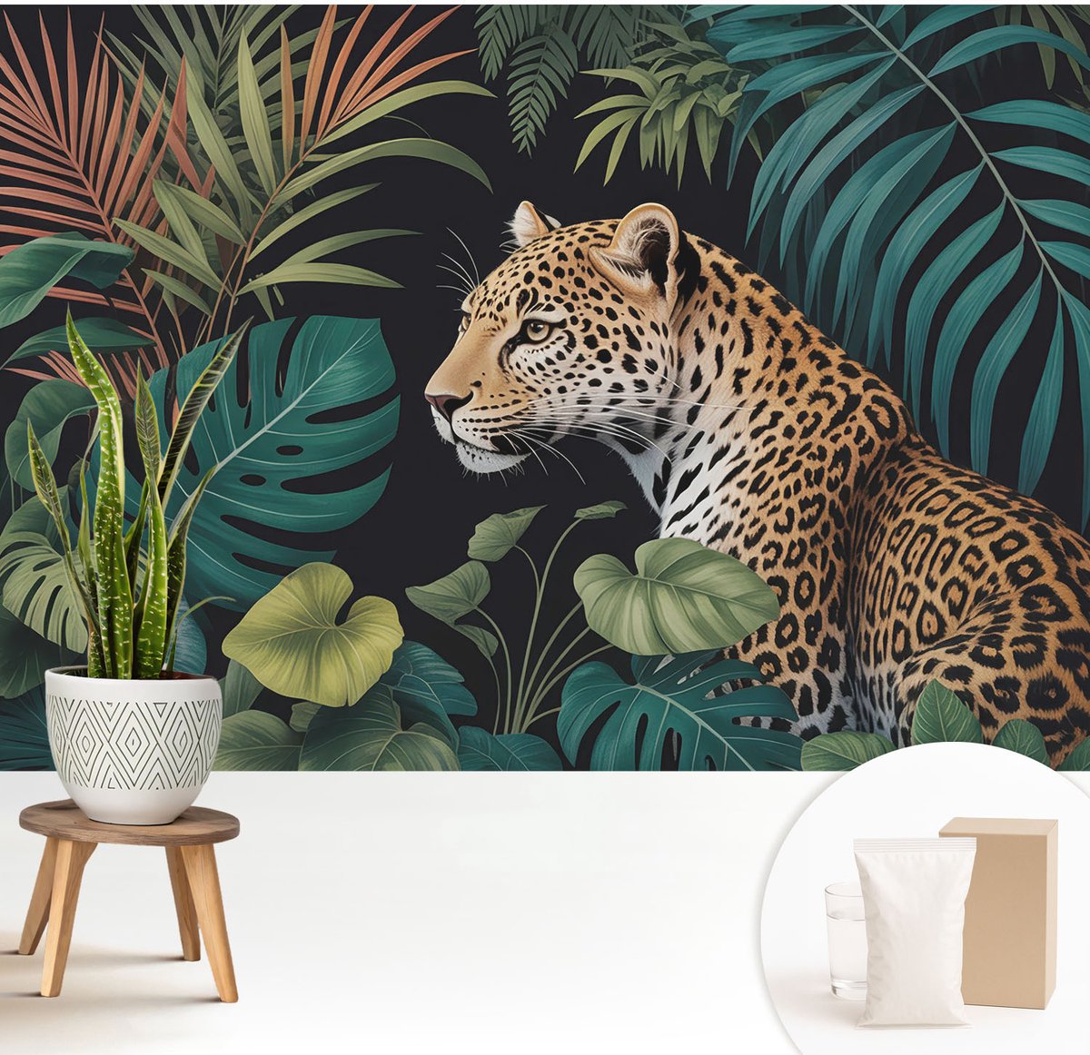 Wallfluent Fotobehang - Groente Vliesbehang - 208x146 cm - Exotische Luipaard Muurschildering - Slaapkamer behang Dieren - Fotobehang Vlies - Slaapkamer behang