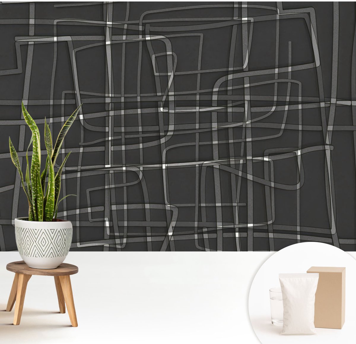 Wallfluent Fotobehang - Zwart Vliesbehang - 208x146 cm - Abstracte Lijnen Fotobehang Vlies - Woonkamer behang Abstractie - Muurschildering - Woonkamer behang