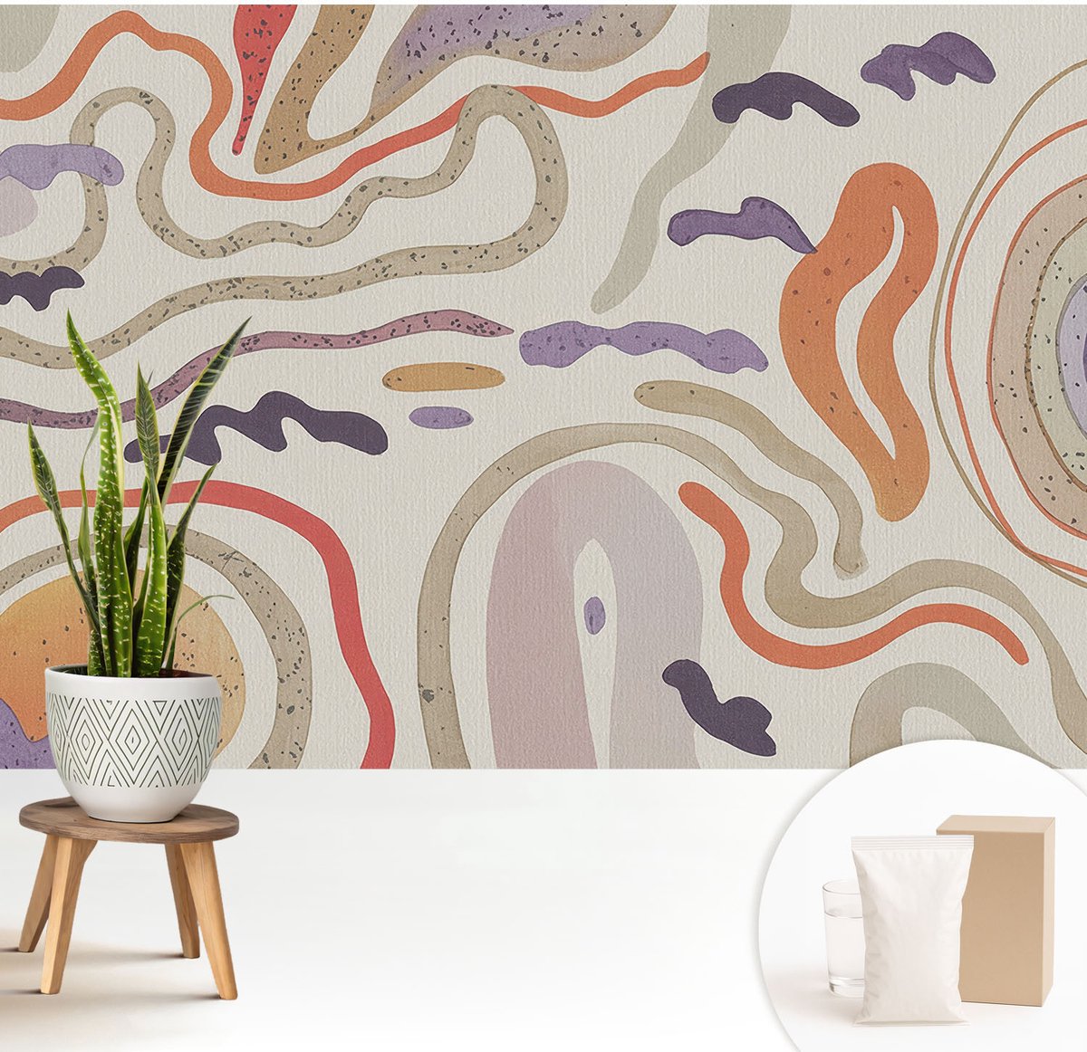 Wallfluent Fotobehang - Beige Vliesbehang - 208x146 cm - Abstracte Patronen Fotobehang Vlies - Woonkamer behang Abstractie - Muurschildering - Woonkamer behang