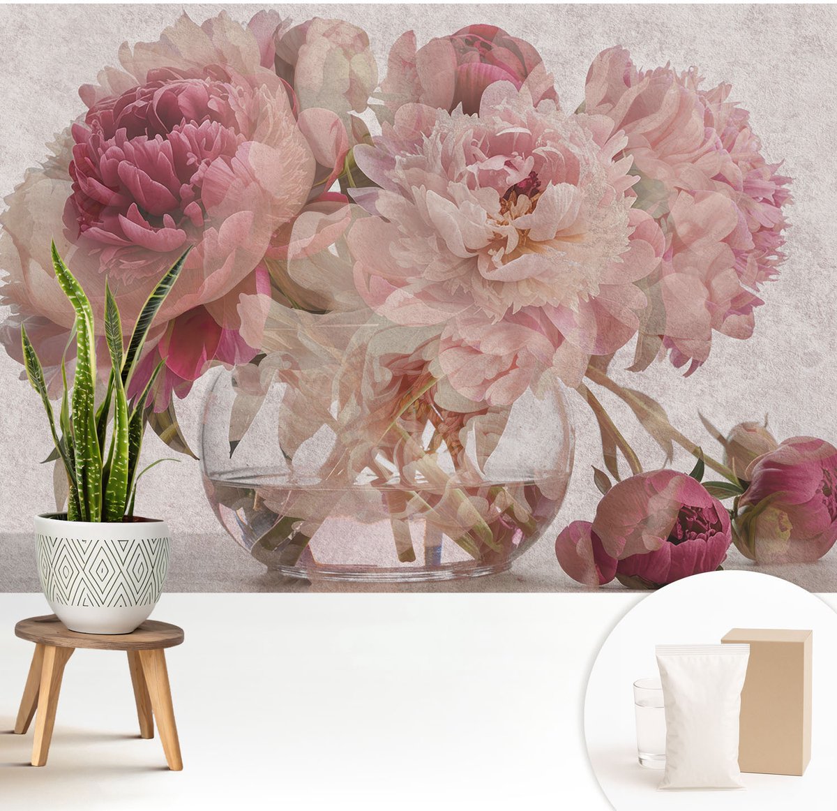 Wallfluent Fotobehang - Roze Vliesbehang - 208x146 cm - Pioenroos Charme Fotobehang Vlies - Hal behang Bloemen En Planten - Muurschildering - Woonkamer behang