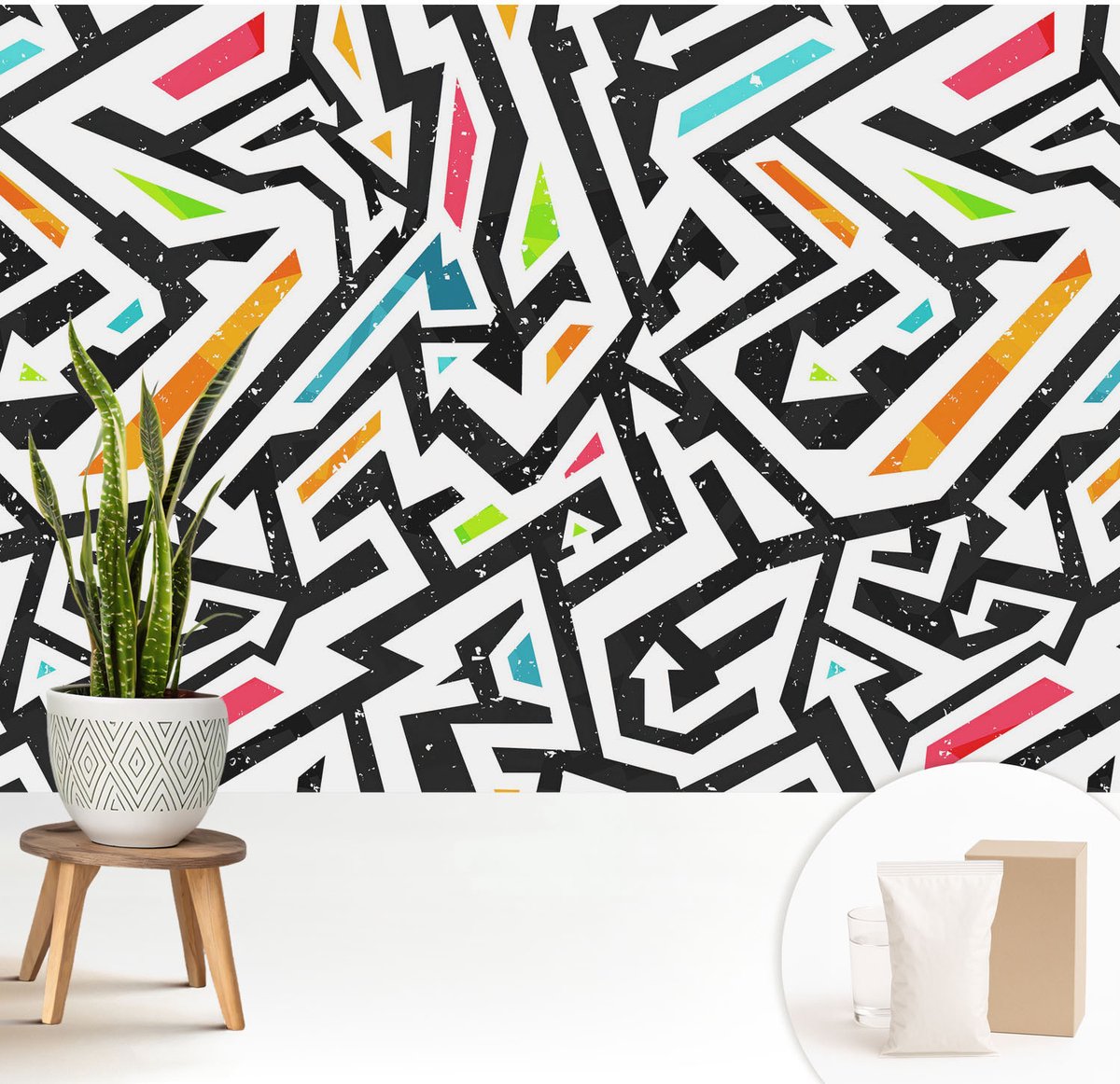 Wallfluent Fotobehang - Zwart Vliesbehang - 208x146 cm - Abstracte Mozaïek Fotobehang Vlies - Hal behang Geometrie - Muurschildering - Woonkamer behang