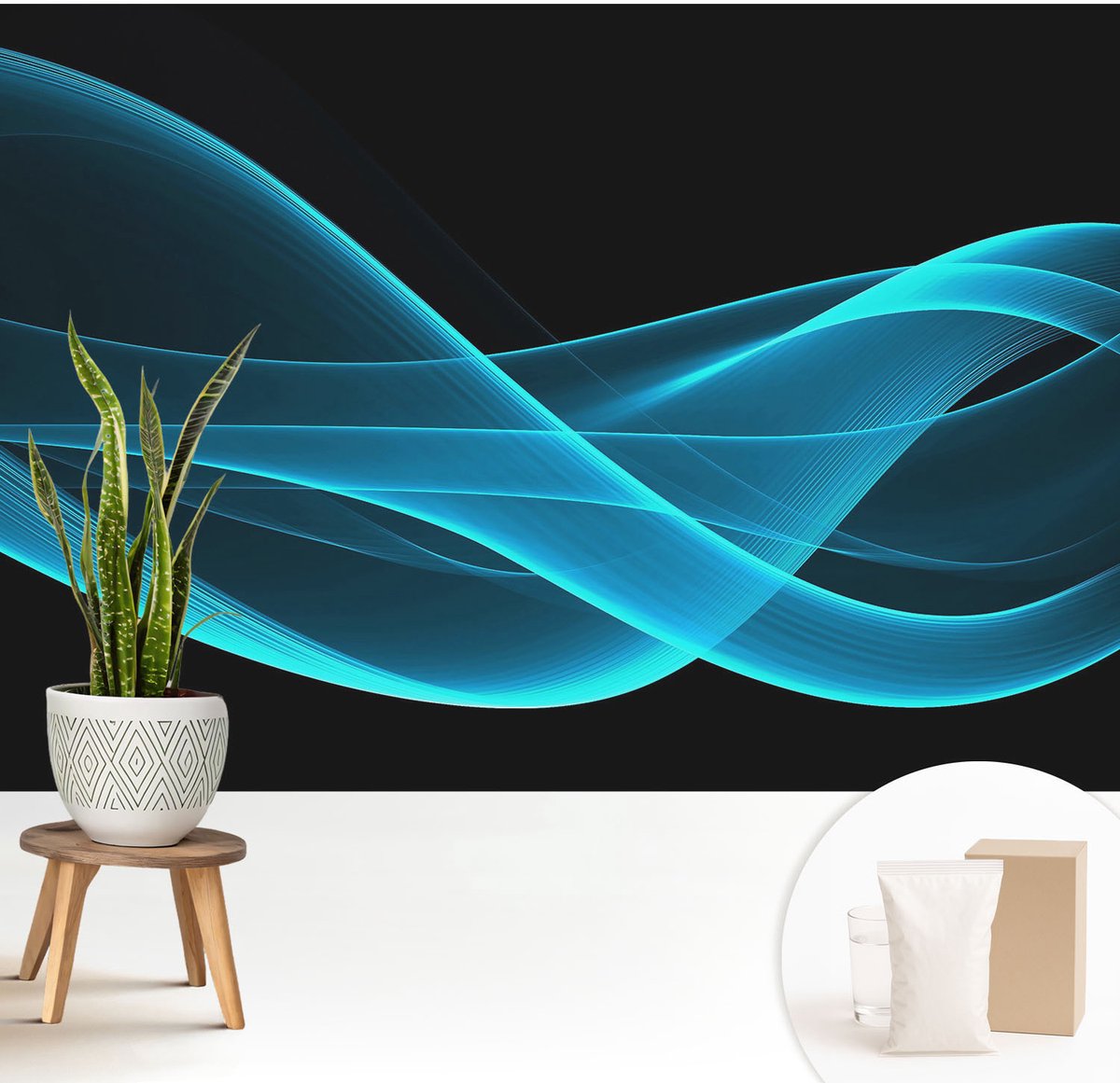 Wallfluent Fotobehang - Zwart Vliesbehang - 208x146 cm - Opvallende Golven Fotobehang Vlies - Hal behang Abstractie - Muurschildering - Hal behang