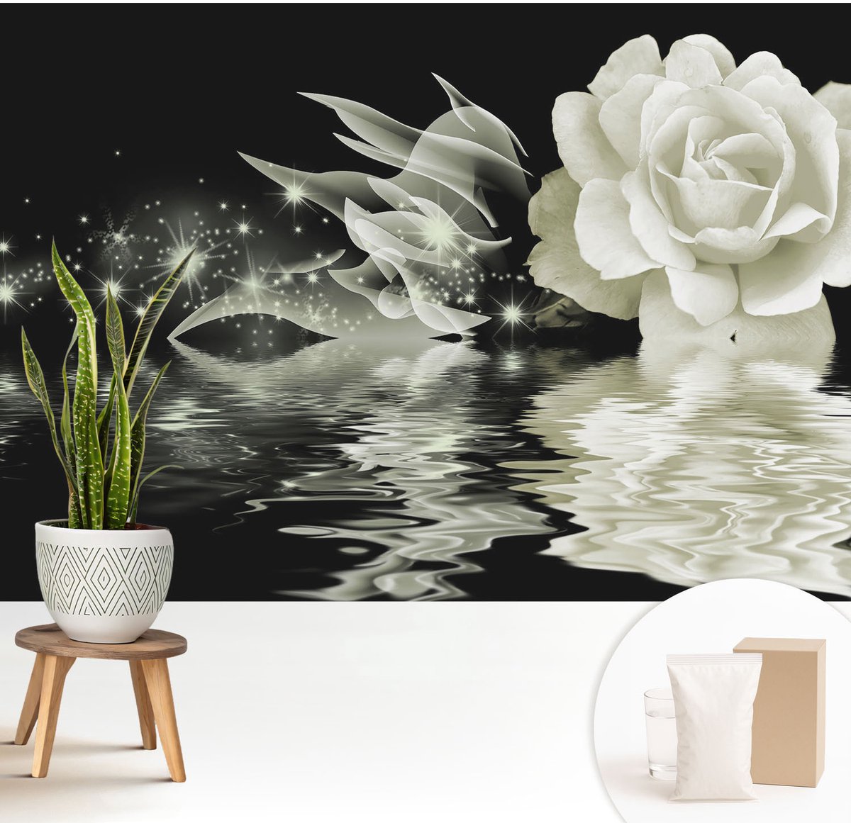 Wallfluent Fotobehang - Wit Vliesbehang - 208x146 cm - Lichtgevende Roos Muurschildering - Gang behang Bloemen En Planten - Fotobehang Vlies - Gang behang