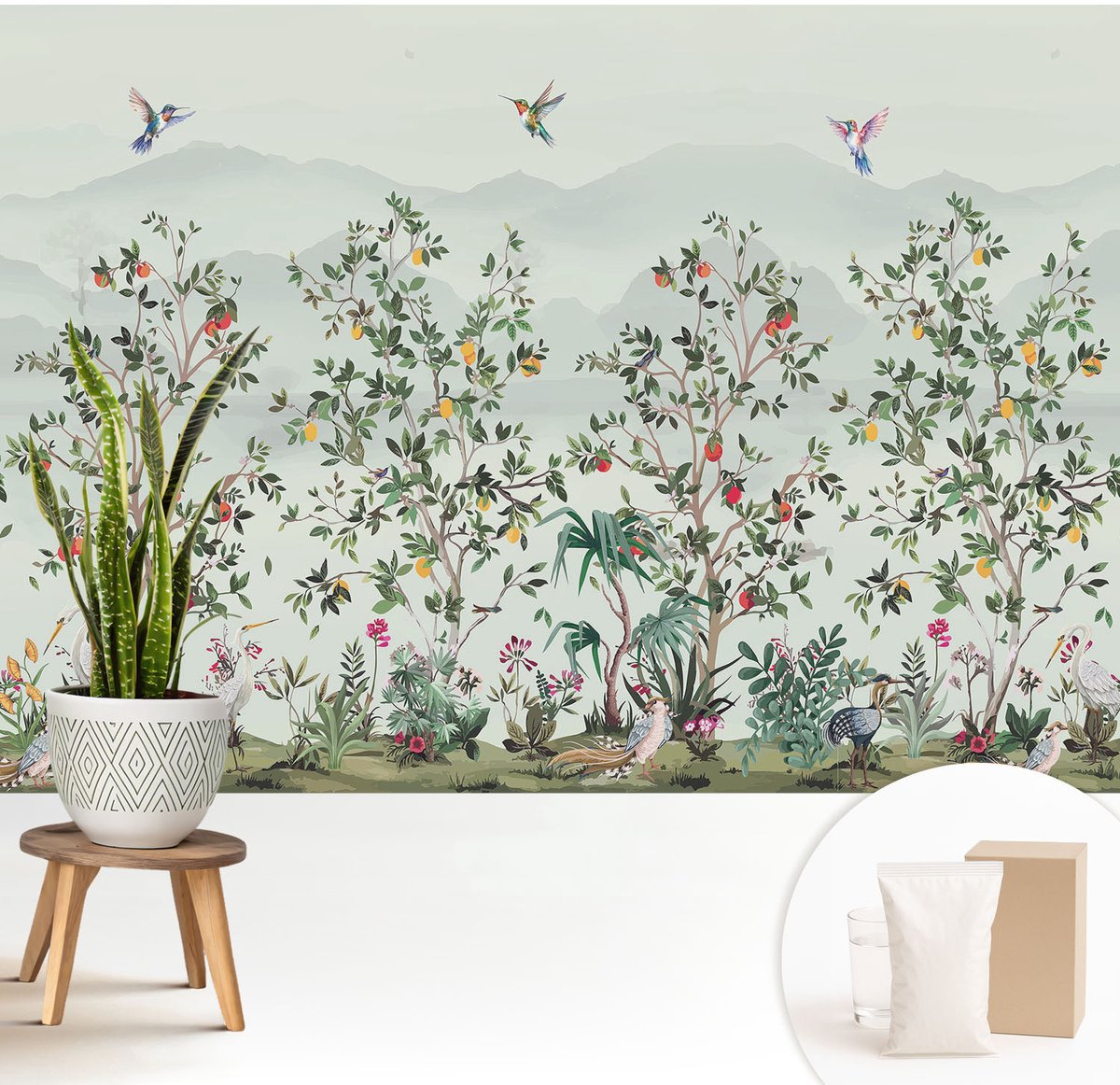 Wallfluent Fotobehang - Grijs Vliesbehang - 208x146 cm - Exotische Bomen Muurschildering - Gang behang Bloemen En Planten - Fotobehang Vlies - Slaapkamer behang