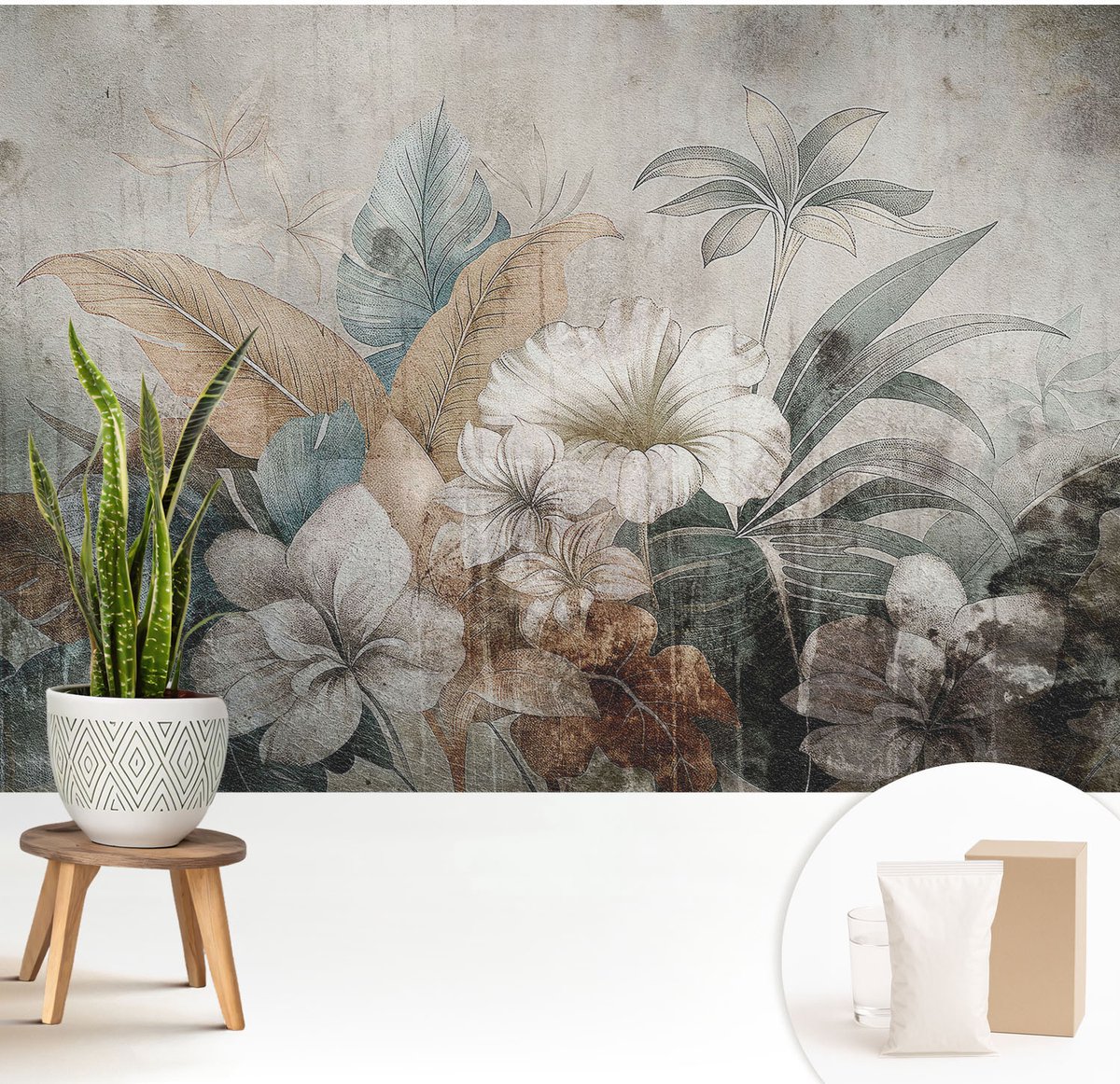 Wallfluent Fotobehang - Grijs Vliesbehang - 208x146 cm - Bloemendroom Muurschildering - Slaapkamer behang Bloemen En Planten - Fotobehang Vlies - Slaapkamer behang