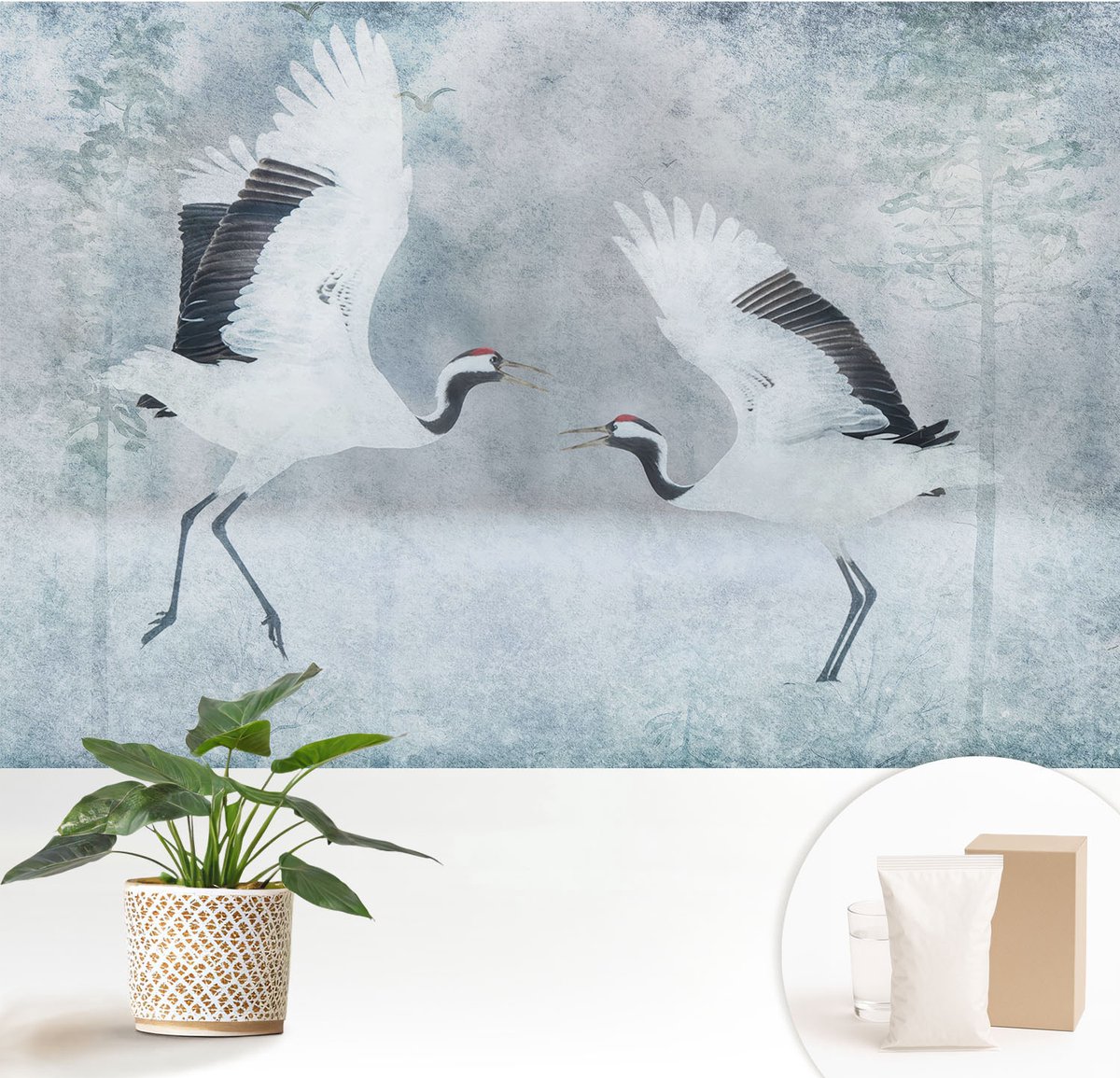 Wallfluent Fotobehang - Wit Vliesbehang - 152x104 cm - Harmonieuze Kraanvogels Fotobehang Vlies - Hal behang Dieren - Muurschildering - Woonkamer behang