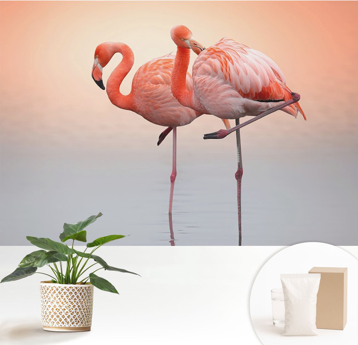 Wallfluent Fotobehang - Oranje Vliesbehang - 152x104 cm - Delicate Flamingo'S Fotobehang Vlies - Hal behang Dieren - Muurschildering - Hal behang