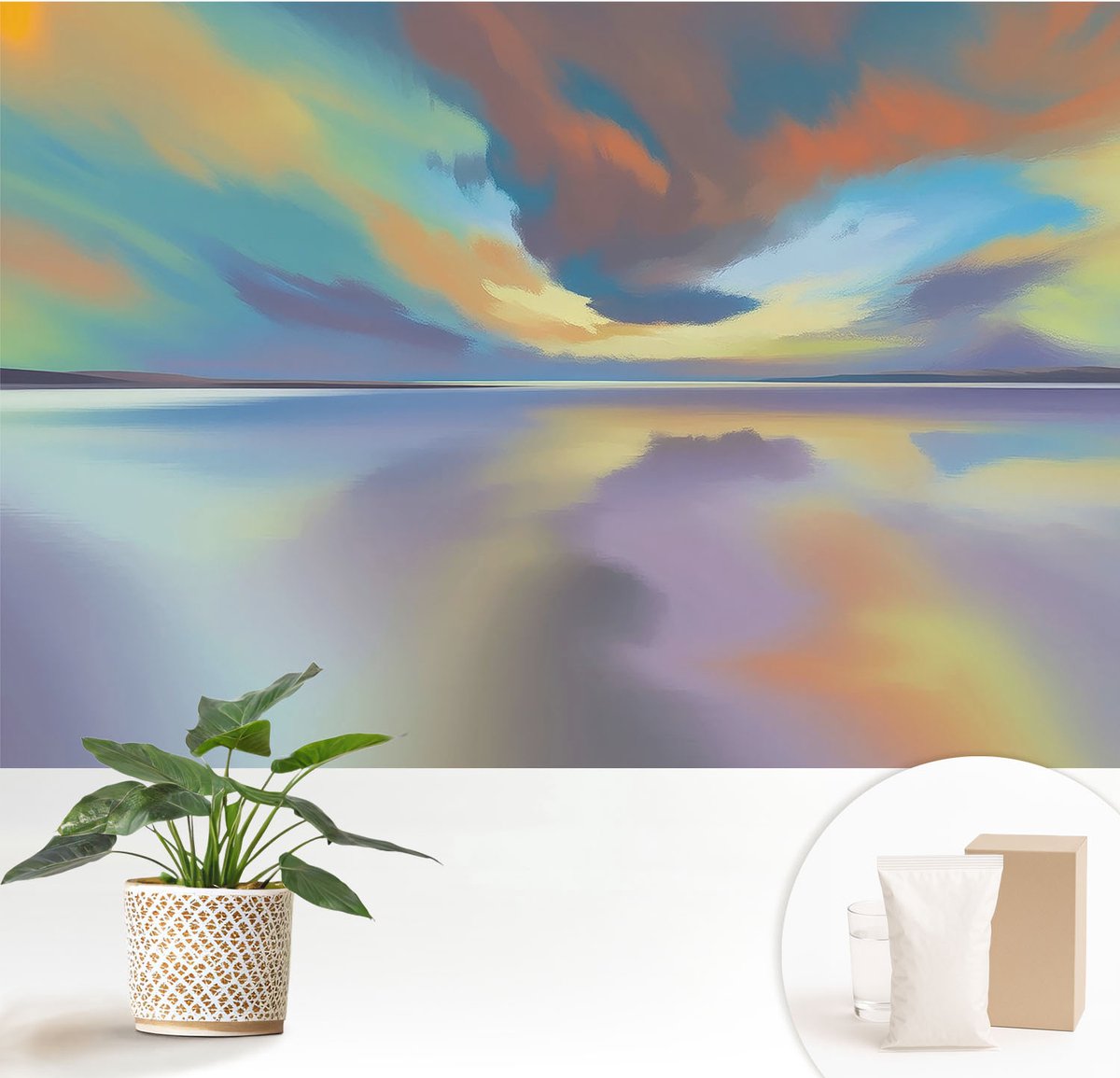 Wallfluent Fotobehang - Blauw Vliesbehang - 152x104 cm - Regenboogzonsondergang Muurschildering - Gang behang Landschappen - Fotobehang Vlies - Slaapkamer behang