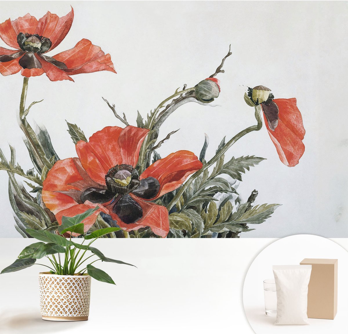 Wallfluent Fotobehang - Rood Vliesbehang - 152x104 cm - Rode Klaprozen Muurschildering - Gang behang Bloemen En Planten - Fotobehang Vlies - Gang behang