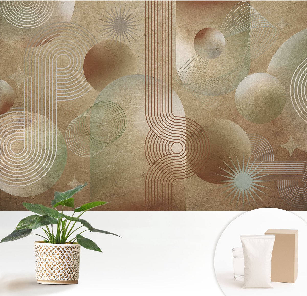 Wallfluent Fotobehang - Beige Vliesbehang - 152x104 cm - Geometrisch Patroon Fotobehang Vlies - Woonkamer behang Abstractie - Muurschildering - Hal behang