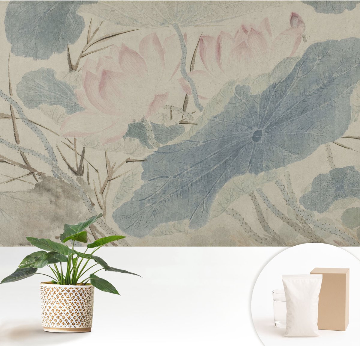 Wallfluent Fotobehang - Grijs Vliesbehang - 152x104 cm - Lotusbladeren Muurschildering - Gang behang Bloemen En Planten - Fotobehang Vlies - Slaapkamer behang