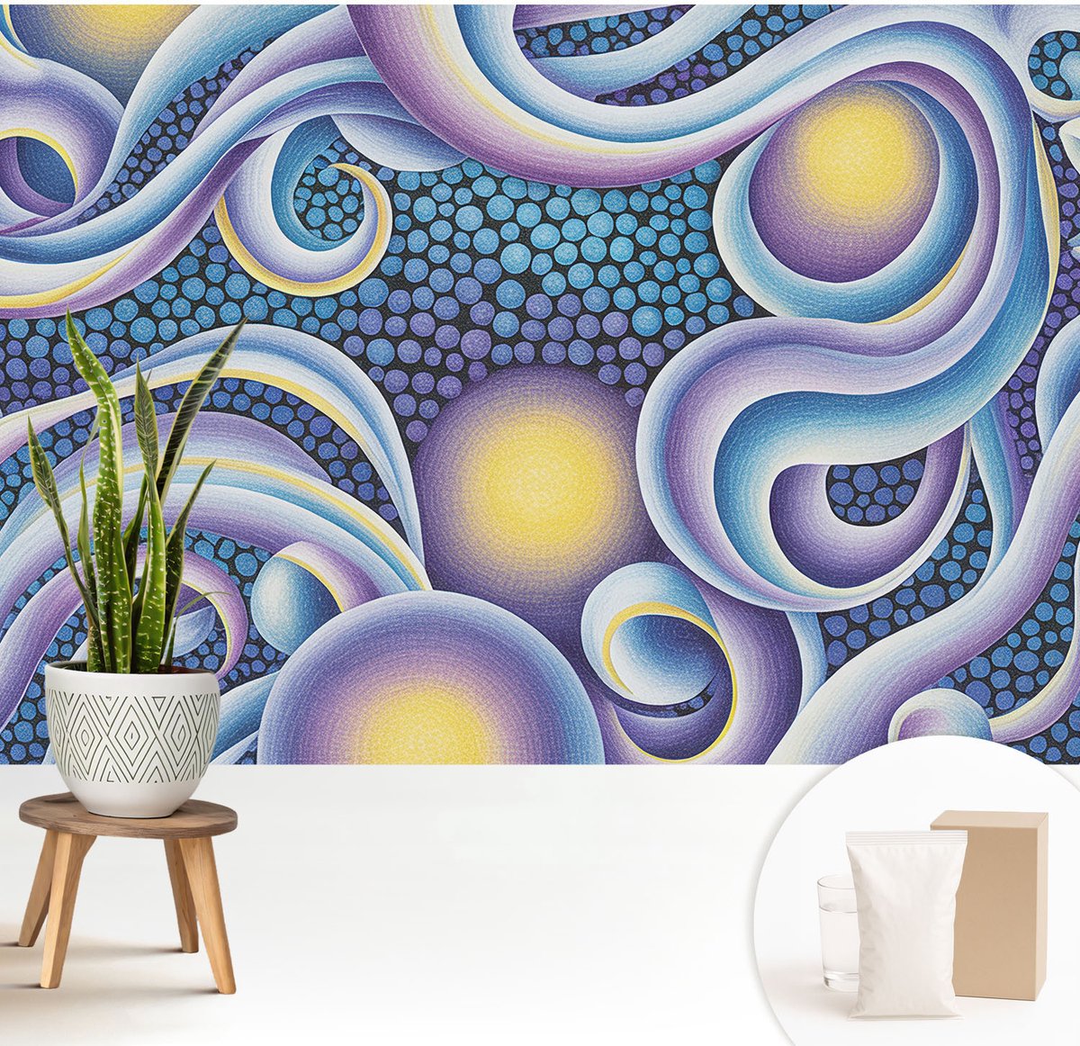 Wallfluent Fotobehang - Blauw Vliesbehang - 208x146 cm - Kleurrijke Wervelingen Muurschildering - Gang behang Abstractie - Fotobehang Vlies - Slaapkamer behang