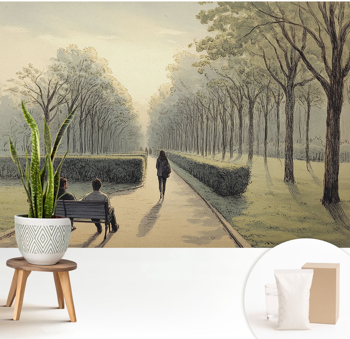 Wallfluent Fotobehang - Groente Vliesbehang - 208x146 cm - Park Vrede Muurschildering - Gang behang Landschappen - Fotobehang Vlies - Slaapkamer behang