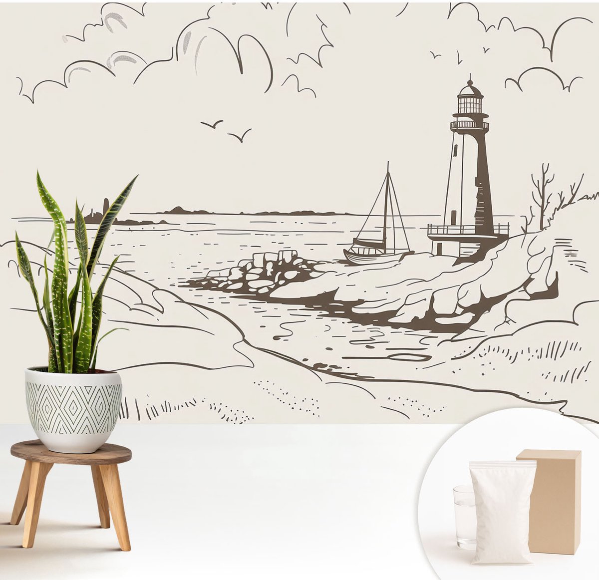 Wallfluent Fotobehang - Beige Vliesbehang - 208x146 cm - Kustlandschap Fotobehang Vlies - Hal behang Landschappen - Muurschildering - Woonkamer behang