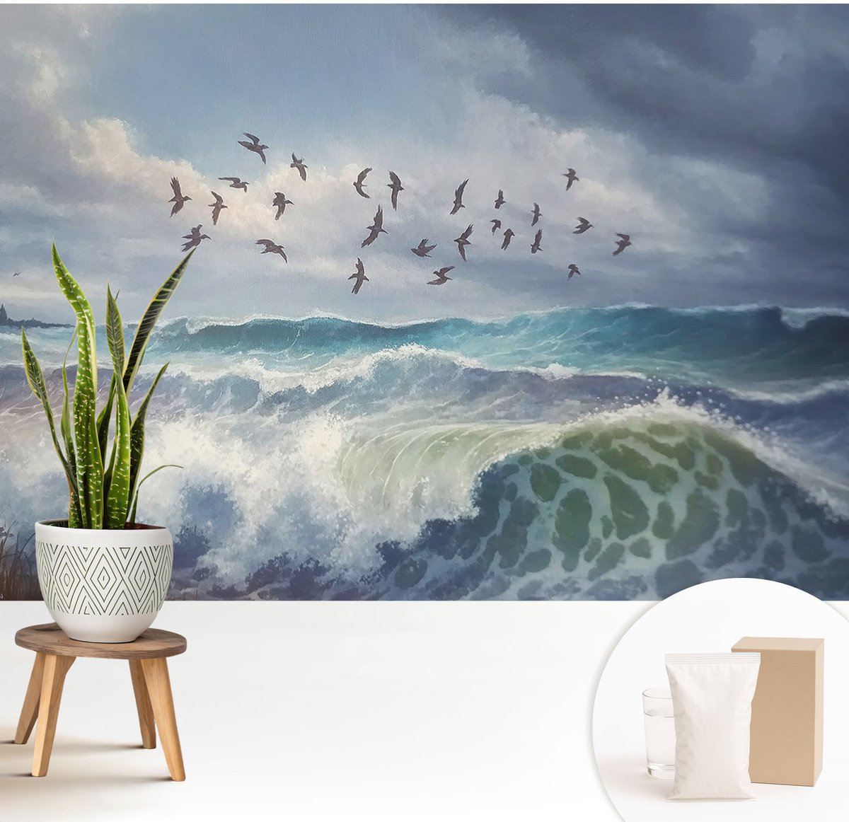 Wallfluent Fotobehang - Blauw Vliesbehang - 208x146 cm - Zeegolven Muurschildering - Slaapkamer behang Landschappen - Fotobehang Vlies - Slaapkamer behang