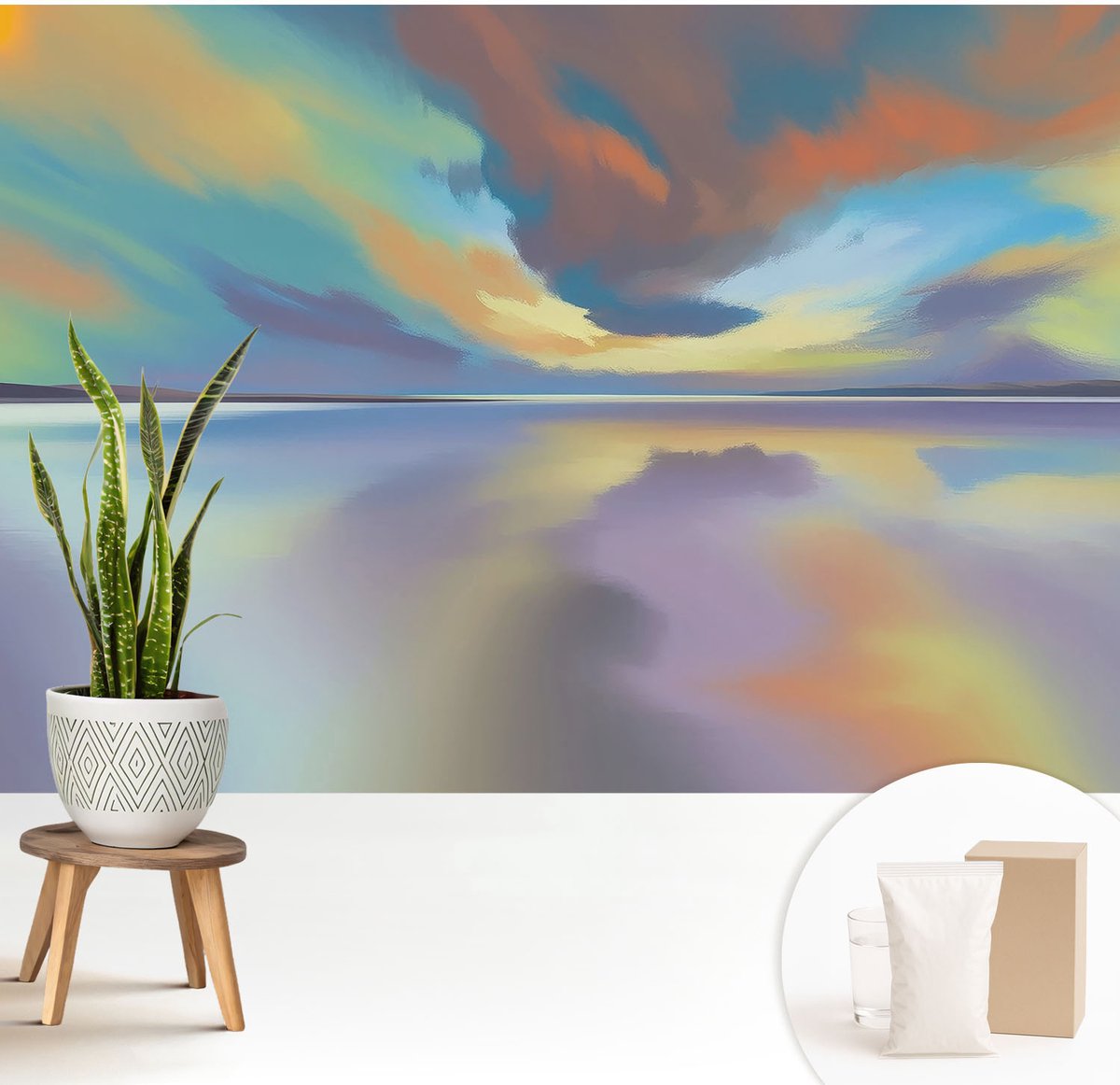 Wallfluent Fotobehang - Blauw Vliesbehang - 208x146 cm - Regenboogzonsondergang Muurschildering - Gang behang Landschappen - Fotobehang Vlies - Slaapkamer behang
