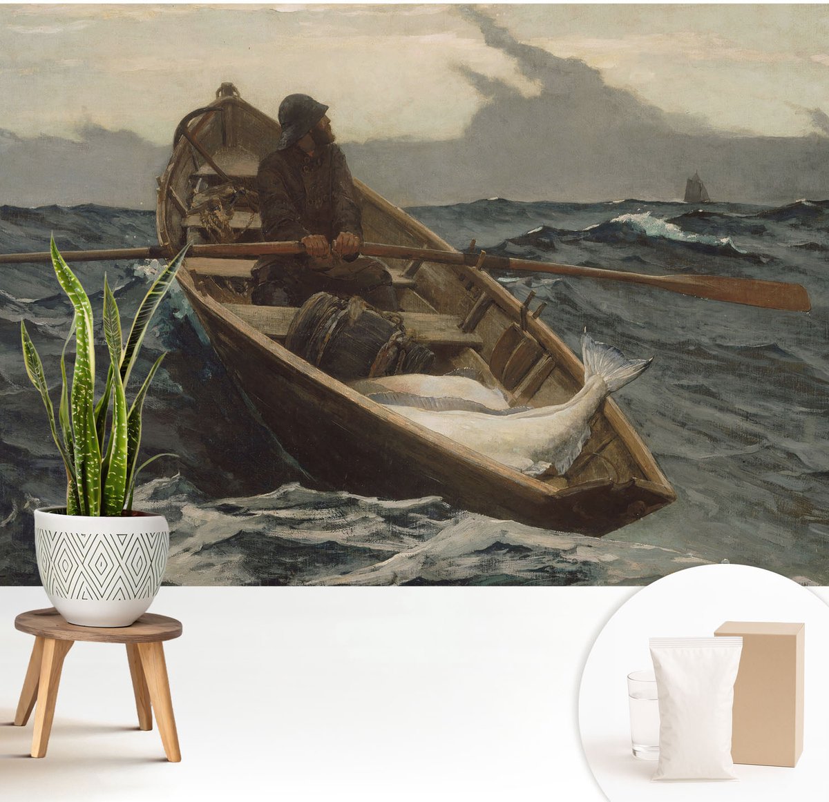 Wallfluent Fotobehang - Grijs Vliesbehang - 208x146 cm - Visser Op Zee Muurschildering - Gang behang Landschappen - Fotobehang Vlies - Gang behang
