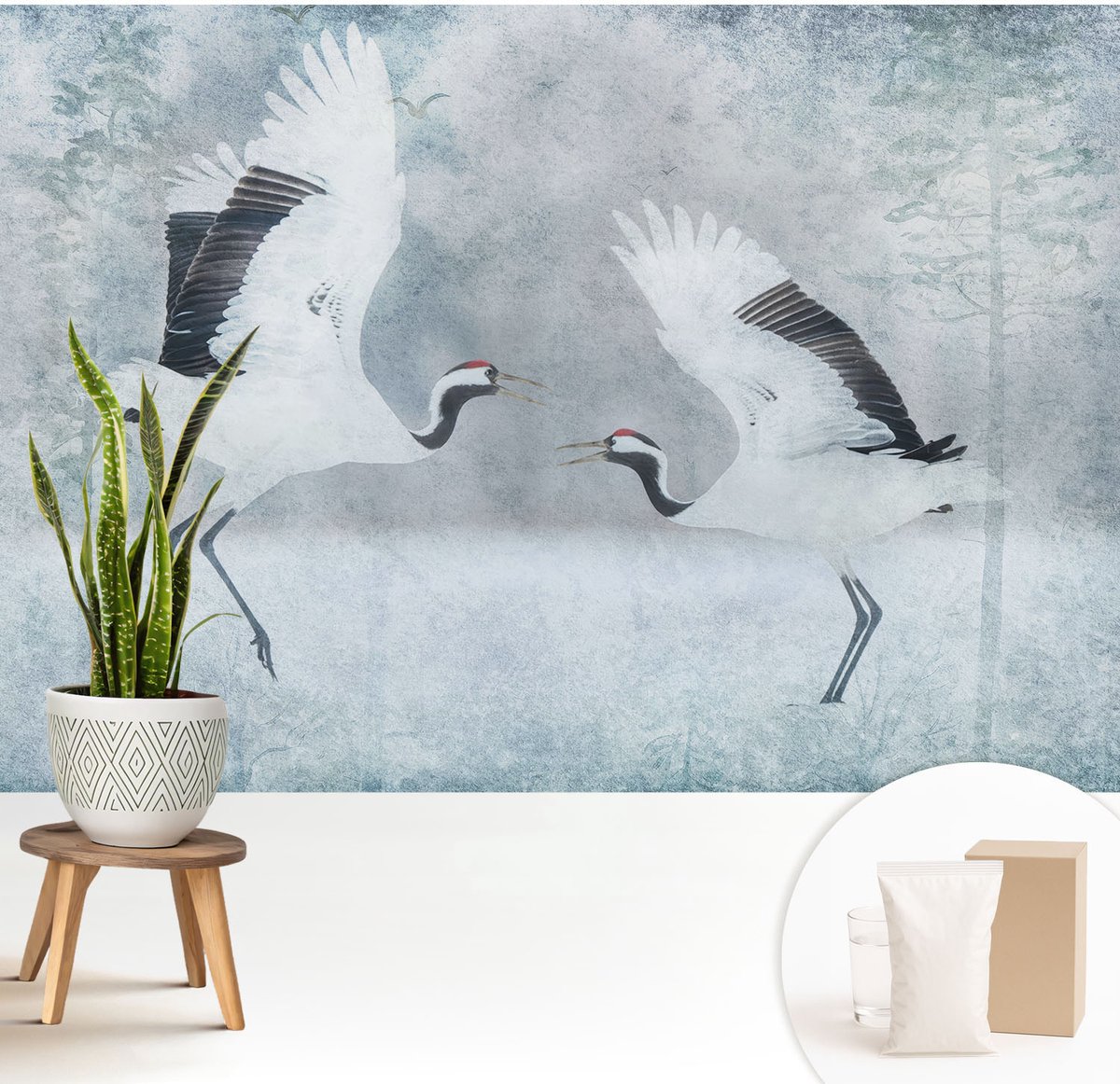 Wallfluent Fotobehang - Wit Vliesbehang - 208x146 cm - Harmonieuze Kraanvogels Fotobehang Vlies - Hal behang Dieren - Muurschildering - Woonkamer behang