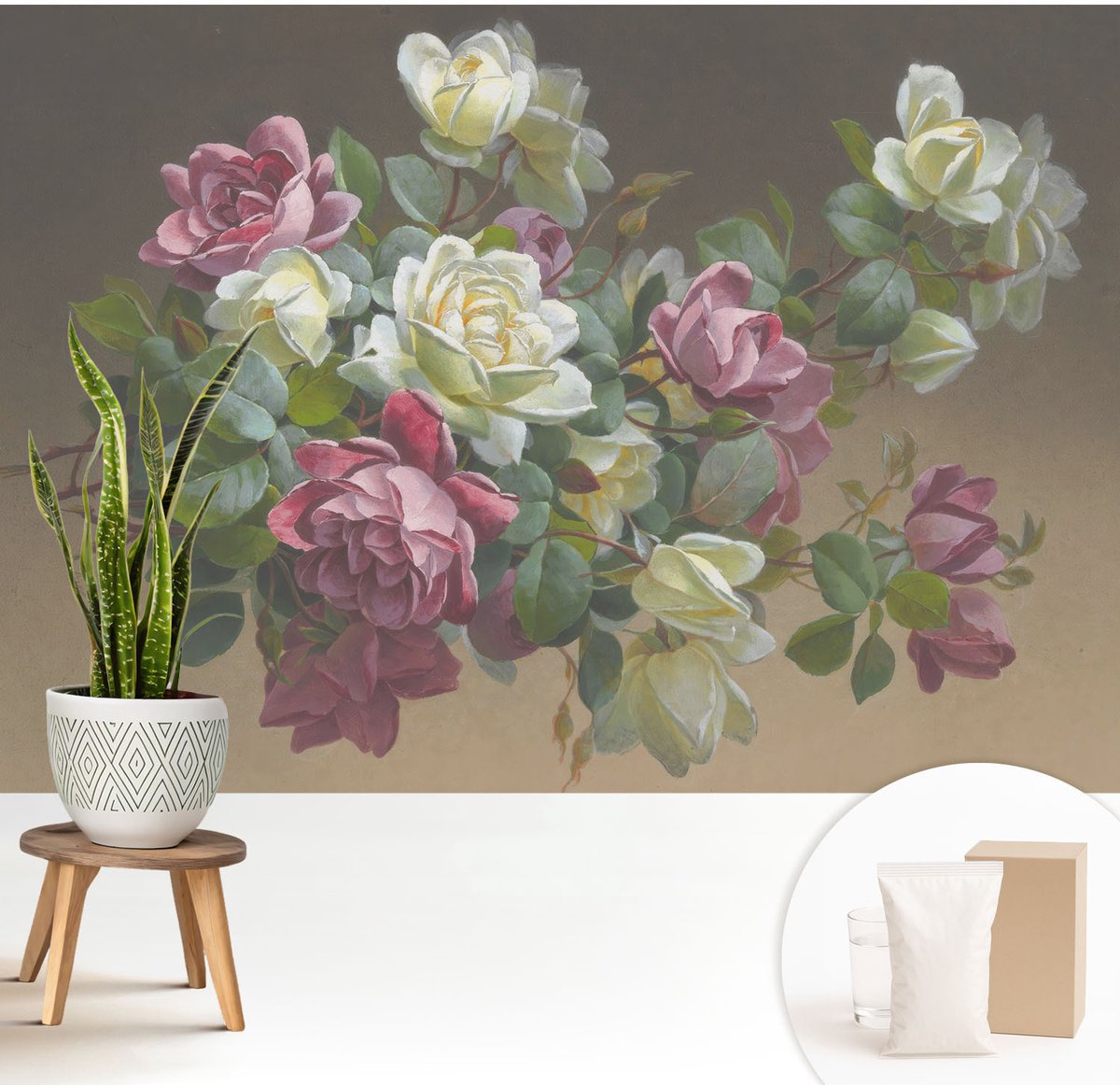 Wallfluent Fotobehang - Wit Vliesbehang - 208x146 cm - Bloemige Elegantie Muurschildering - Slaapkamer behang Bloemen En Planten - Fotobehang Vlies - Slaapkamer behang