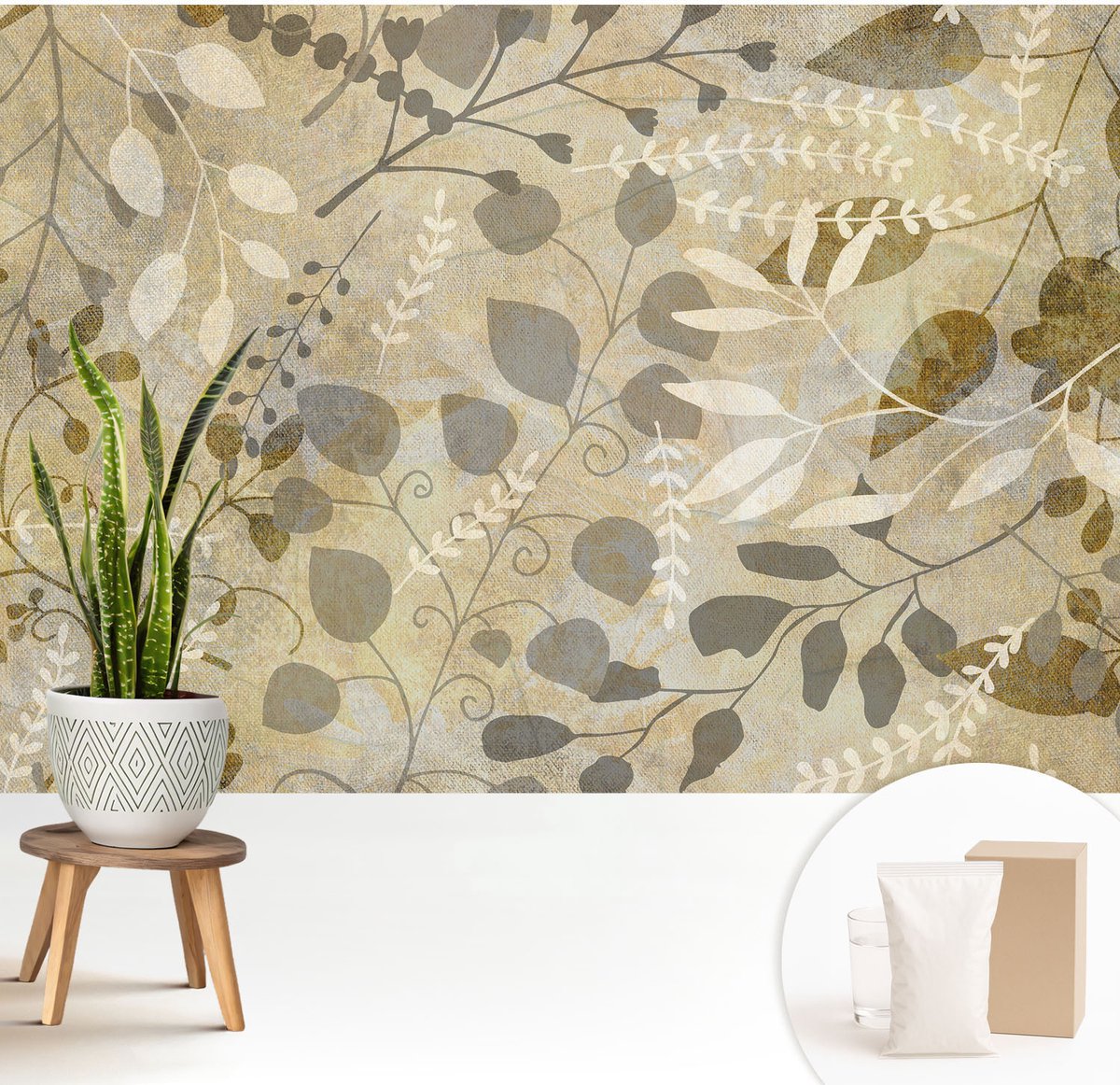 Wallfluent Fotobehang - Beige Vliesbehang - 208x146 cm - Takbladeren Fotobehang Vlies - Hal behang Bloemen En Planten - Muurschildering - Woonkamer behang