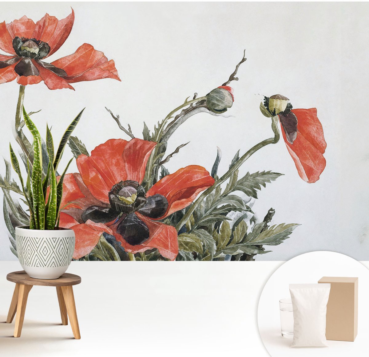 Wallfluent Fotobehang - Rood Vliesbehang - 208x146 cm - Rode Klaprozen Muurschildering - Gang behang Bloemen En Planten - Fotobehang Vlies - Gang behang