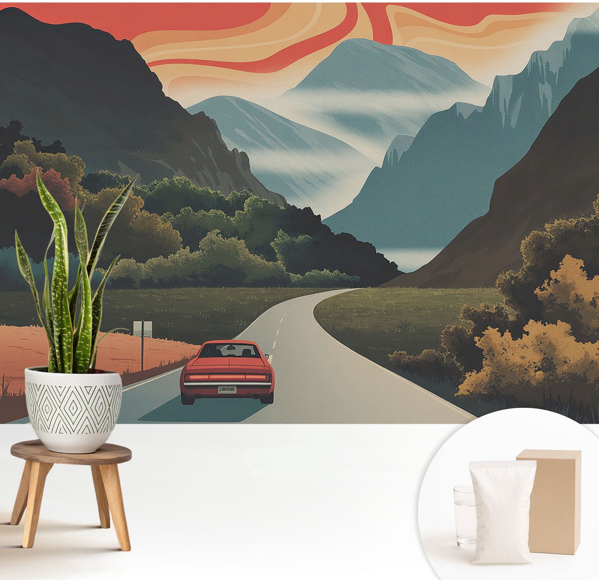Wallfluent Fotobehang - Oranje Vliesbehang - 208x146 cm - Bergavontuur Muurschildering - Slaapkamer behang Landschappen - Fotobehang Vlies - Gang behang