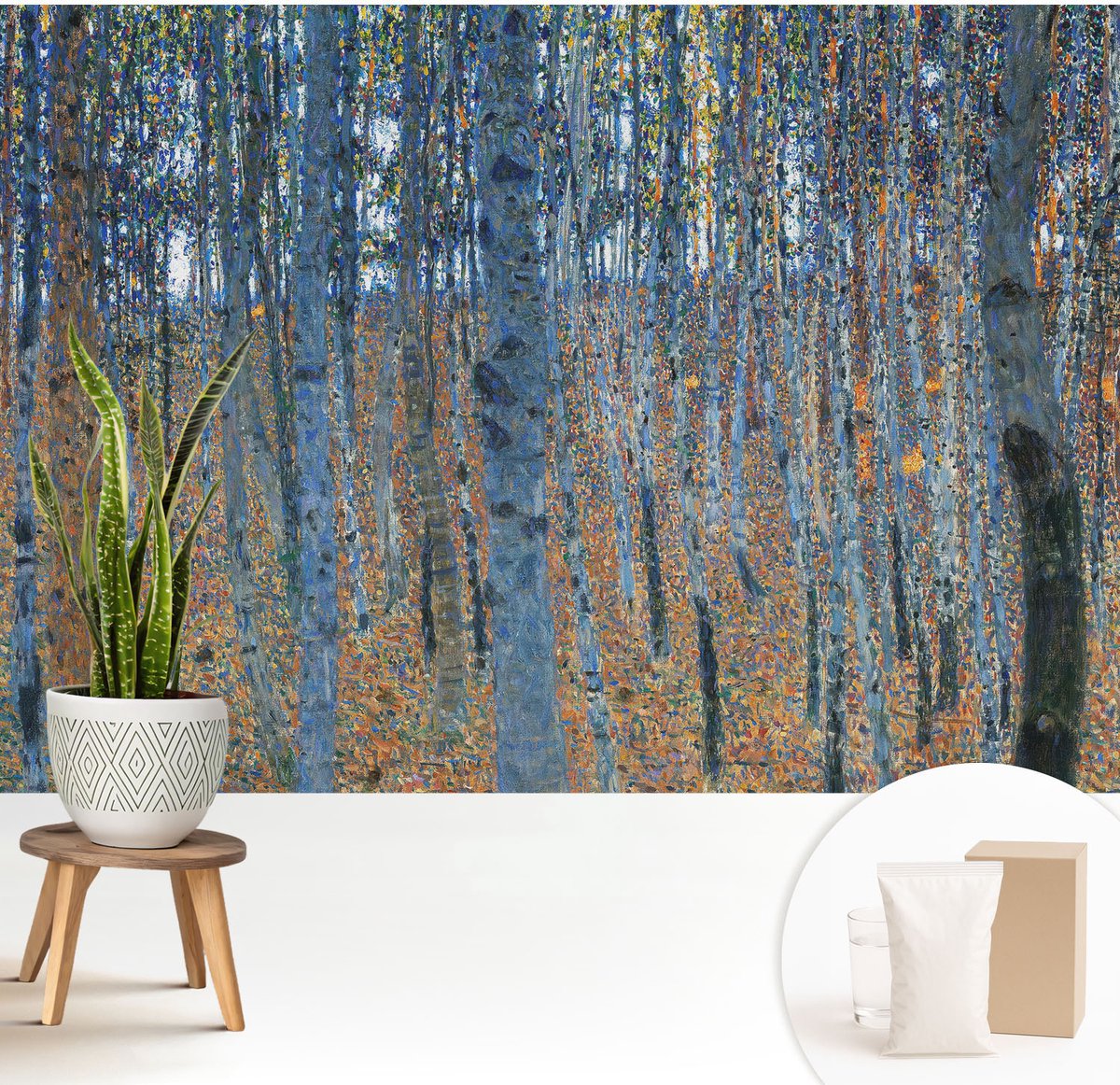 Wallfluent Fotobehang - Blauw Vliesbehang - 208x146 cm - Berkenbos Muurschildering - Gang behang Bloemen En Planten - Fotobehang Vlies - Slaapkamer behang