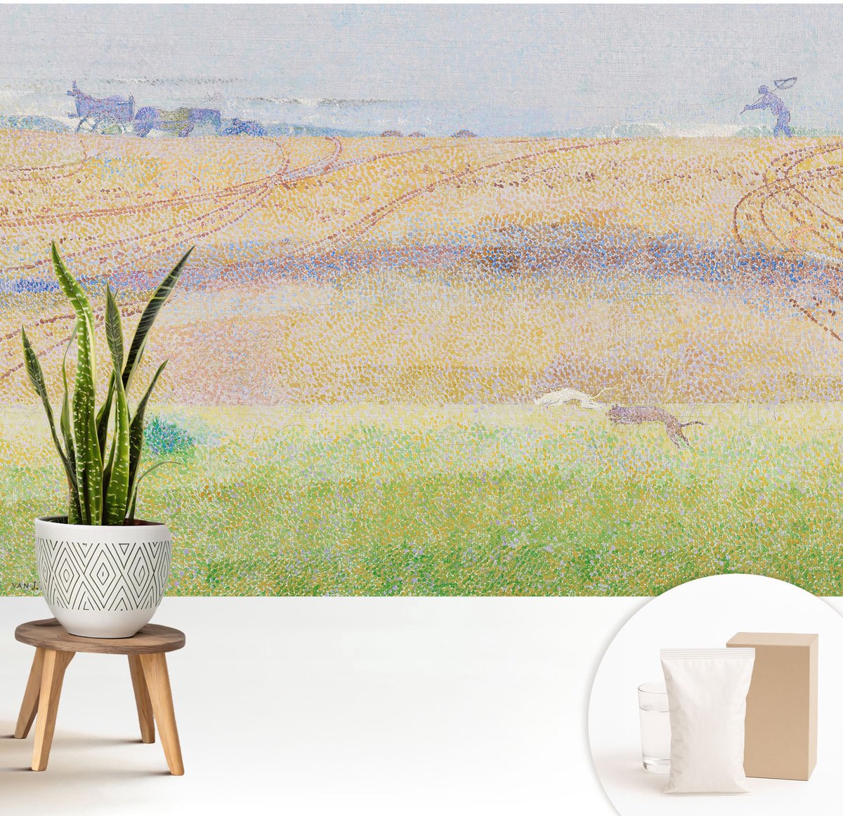 Wallfluent Fotobehang - Grijs Vliesbehang - 208x146 cm - Zomerveld Fotobehang Vlies - Hal behang Landschappen - Muurschildering - Woonkamer behang