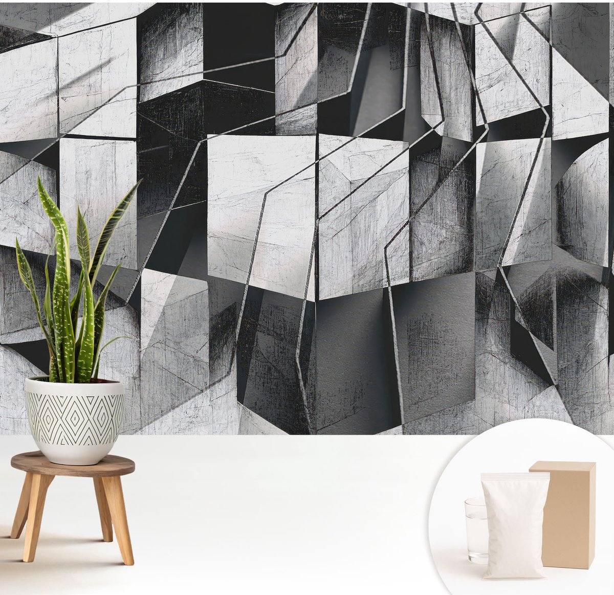 Wallfluent Fotobehang - Zwart-Wit Vliesbehang - 208x146 cm - Geometrische Abstractie Fotobehang Vlies - Woonkamer behang Geometrie - Muurschildering - Woonkamer behang