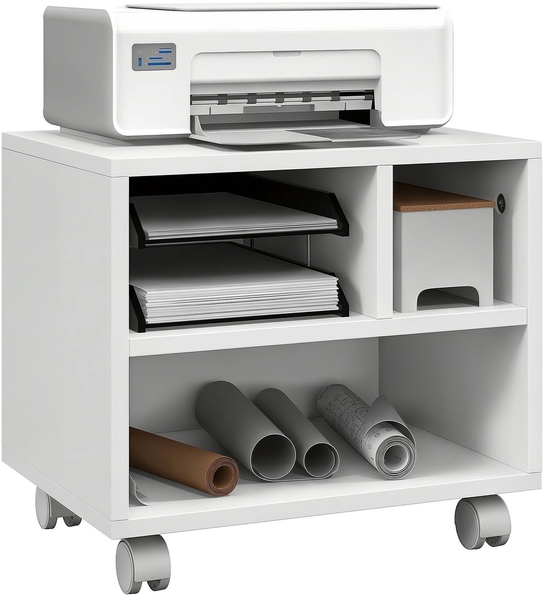 Atlasyx opbergrek - Bureau accessoires - Bureaukast - Kantoorkast - Printertafel - 4 Wielen - 3 Vakken - 40 x 30 x 36 cm - Wit