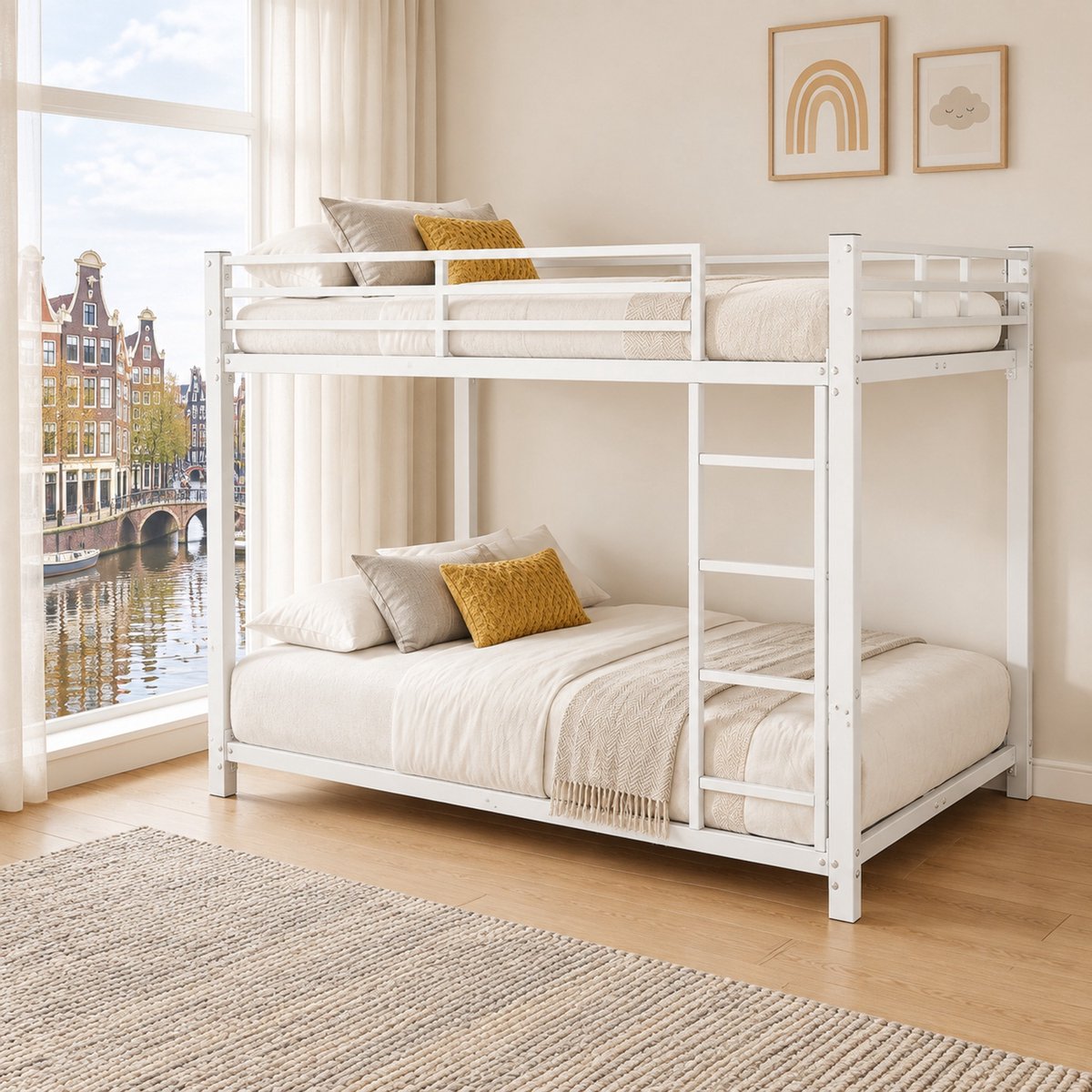 WUVRIE Metalen stapelbed 140x200 cm met ladder, veiligheidshek en lattenbodems, wit