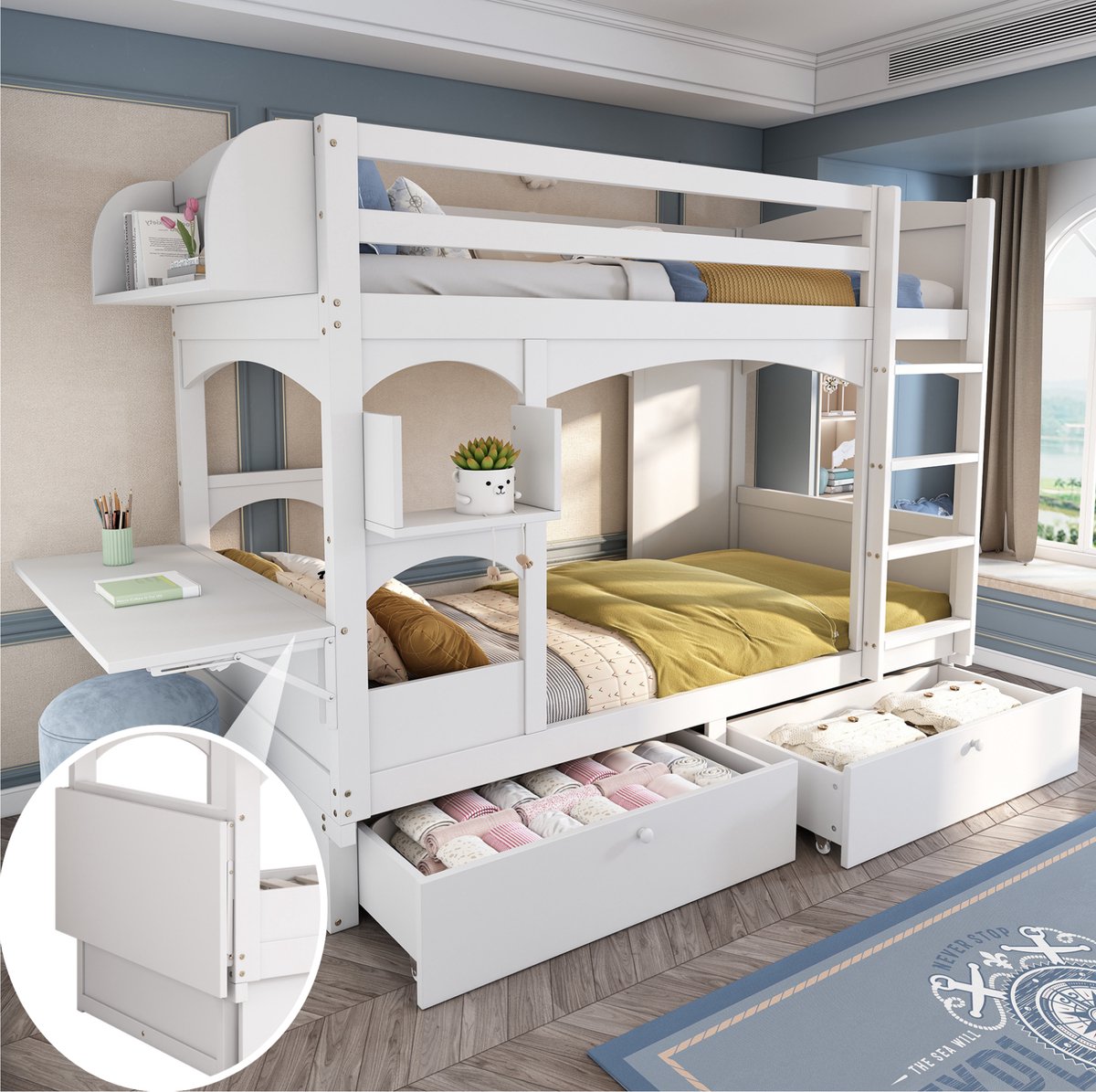 WUVRIE Kinderstapelbed 90x200 cm met inklapbaar bureau, 2 lades, wandrek en ladder, wit