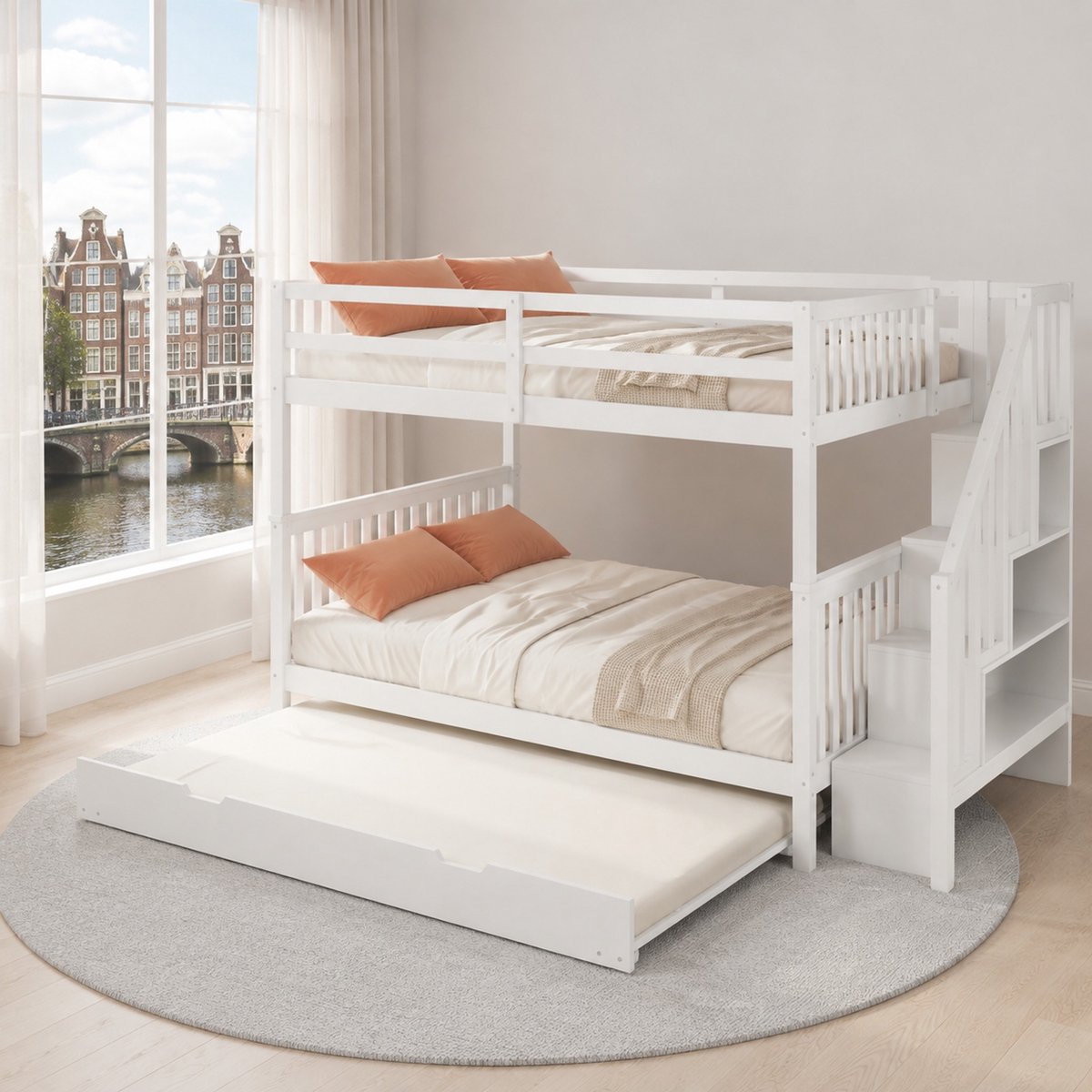 WUVRIE Stapelbed 140x200 cm met uitschuifbaar rolbed, trap met opbergvakken en hoge hekken, wit