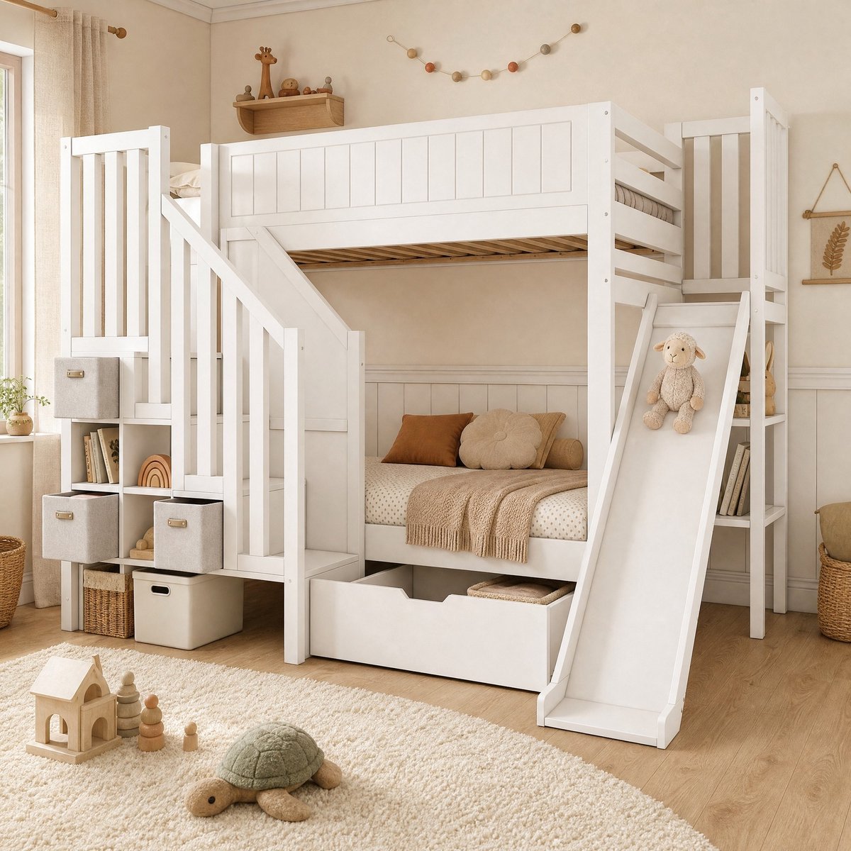 WUVRIE Kinderstapelbed 90x200 cm met glijbaan, opberglades en open vakken, wit