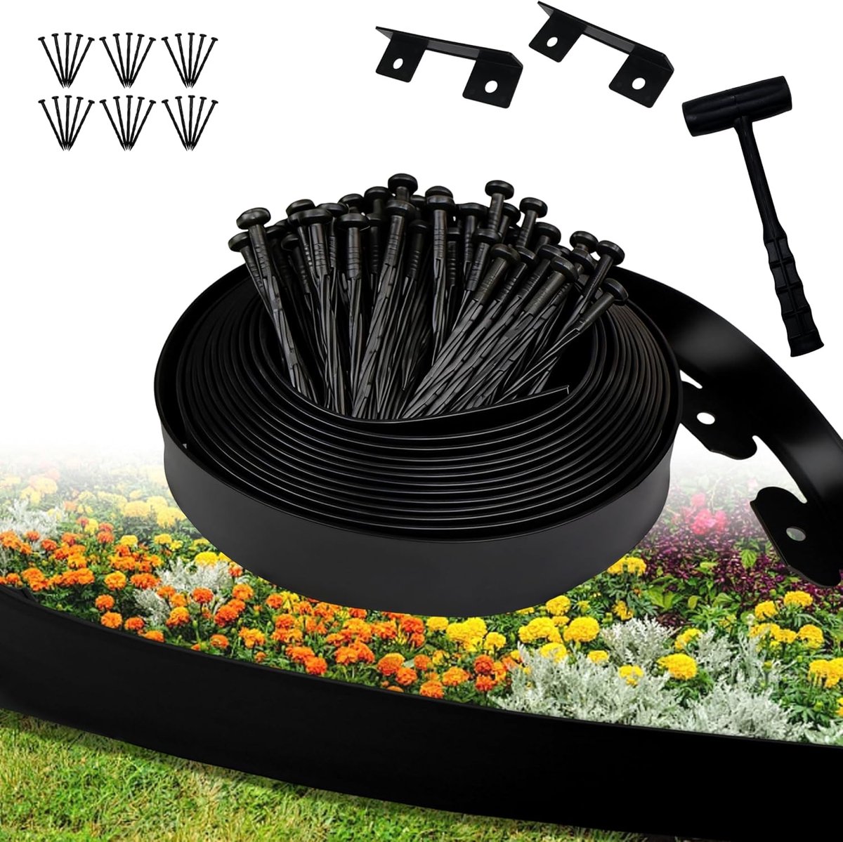 Kunststof, flexibele gazonranden, lengte 10 m hoogte 5 cm, met 30 grondankers en 2 connectoren + 1 hamer, bloembegrenzing, bloembedrand, bloemomranding, bloembedrand, zwart (gladde rand, 5