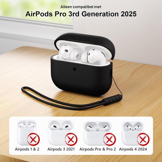 Hoesje compatibel met AirPods Pro 3 hoes, schokbestendig, valbescherming, krasbestendig, siliconen hoes voor AirPods Pro 3e generatie met reinigingsset en koord, zwart — afbeelding 2